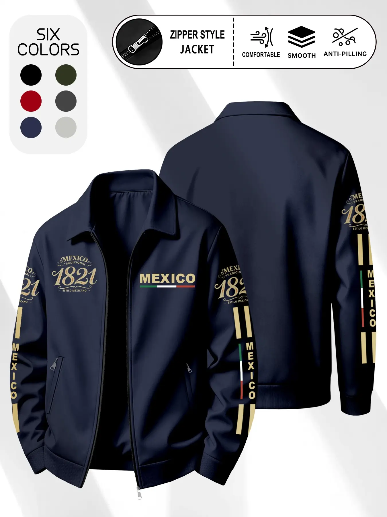 Mexico1821 Men's Lapel Zipper Jacket, Spring & Fall Loose-Fit Outerwear, Casual Long Sleeve Top, Youth Fashionable Coat