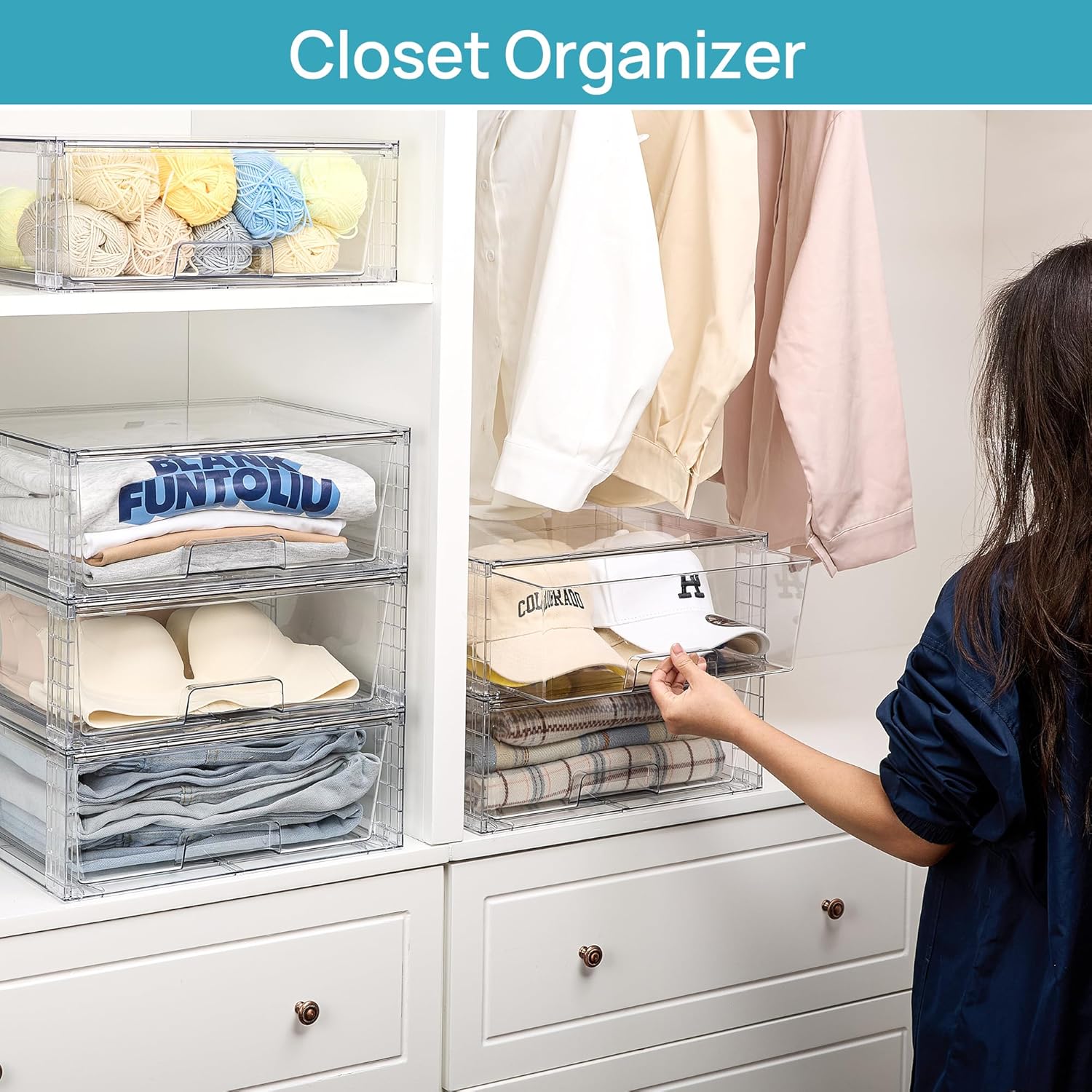 2 Pack Large Stackable Storage Drawers,Easily Assemble Clear  Bathroom Closet Undersink Organizers,Plastic Storage Bins for Cabinet,Kitchen Pantry, Organization