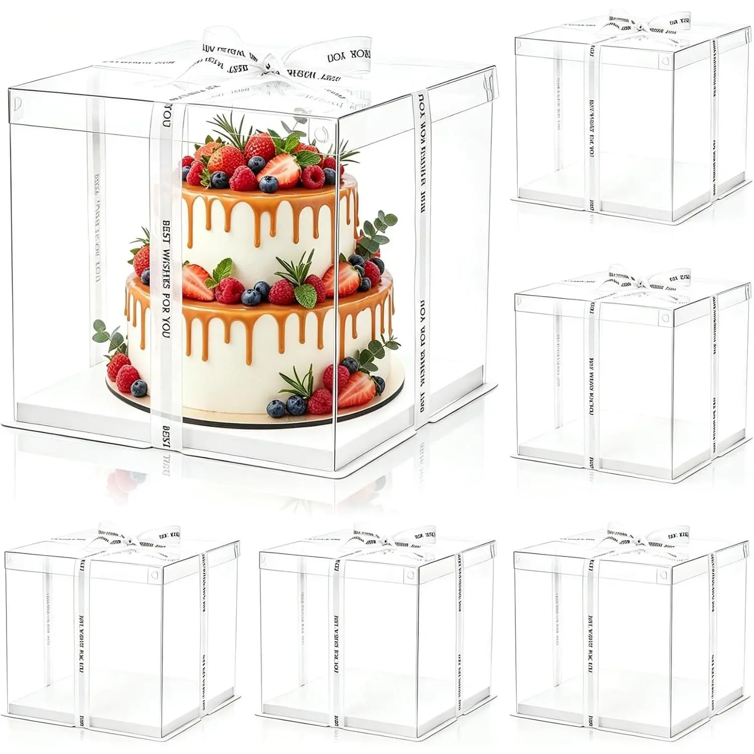 6 Pcs Clear 2-Layer Cake Box with Ribbon 10x10x10 Inch, Transparent Cake Carrier with Lids, PET Tall Cake Packaging Boxes, Clear Gift Boxes for Mother's Day Birthday Wedding Festival Party