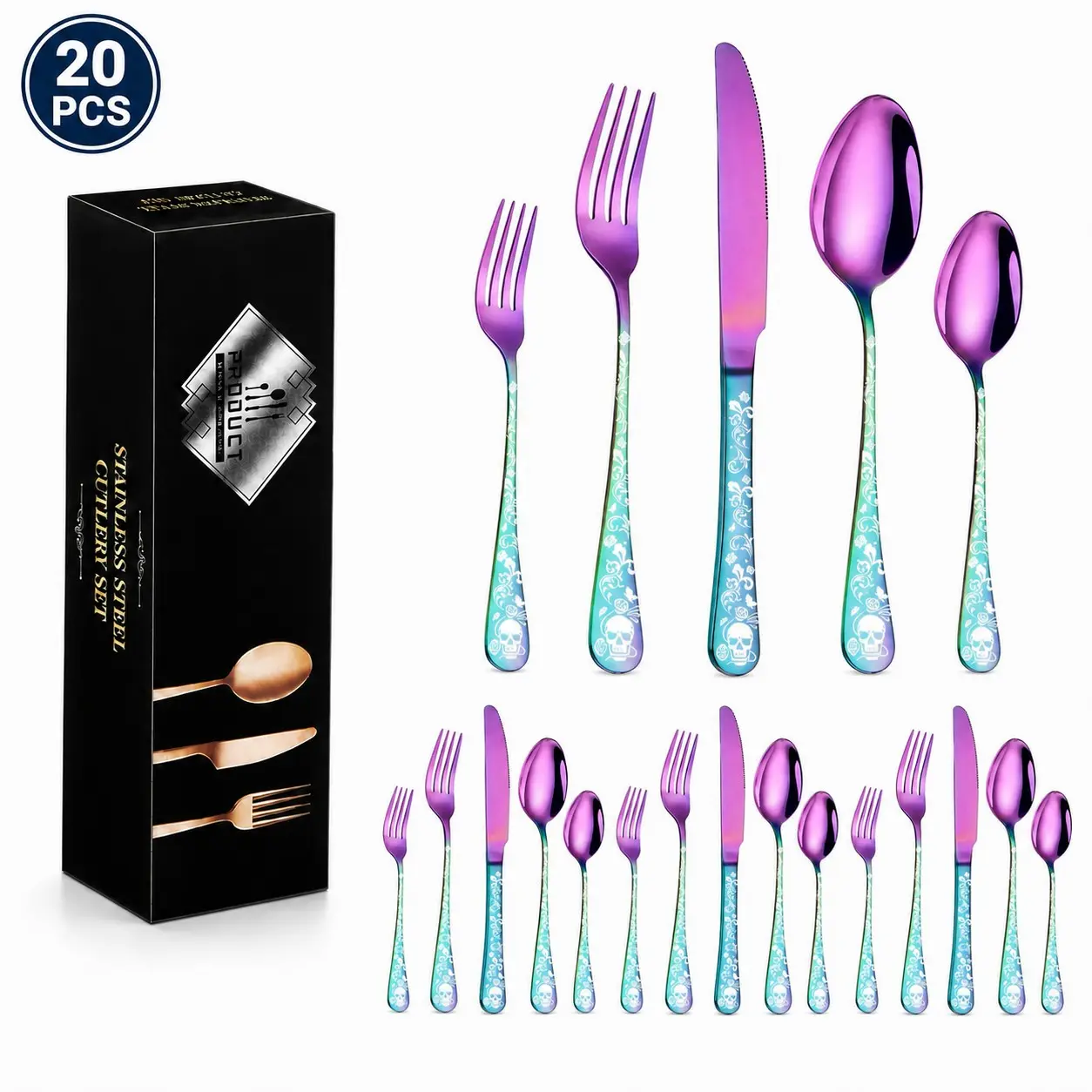 Gothic Skull Pattern Stainless Steel Cutlery Set, Gradient Western Tableware, Home Party Dining Decor