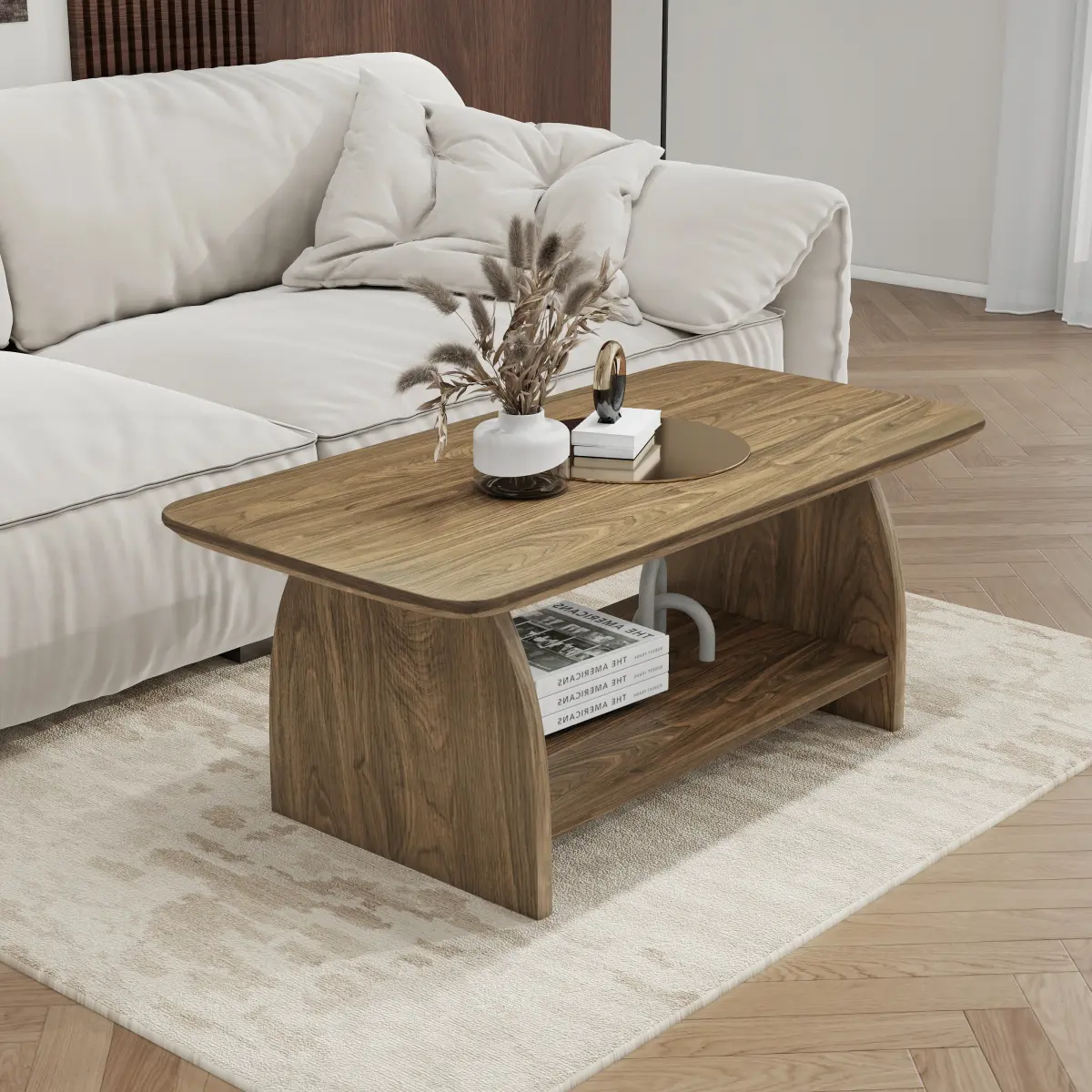 Rectangle Coffee Table, 47.24in L * 23.62in W * 19.29in H Natural Wood Tone MDF, Rounded Corners Modern Minimalist Low Profile Center Table, Easy Assemble with Complete Assembly Hardware, Safe Kids-Friendly Living Room Indoor Furniture
