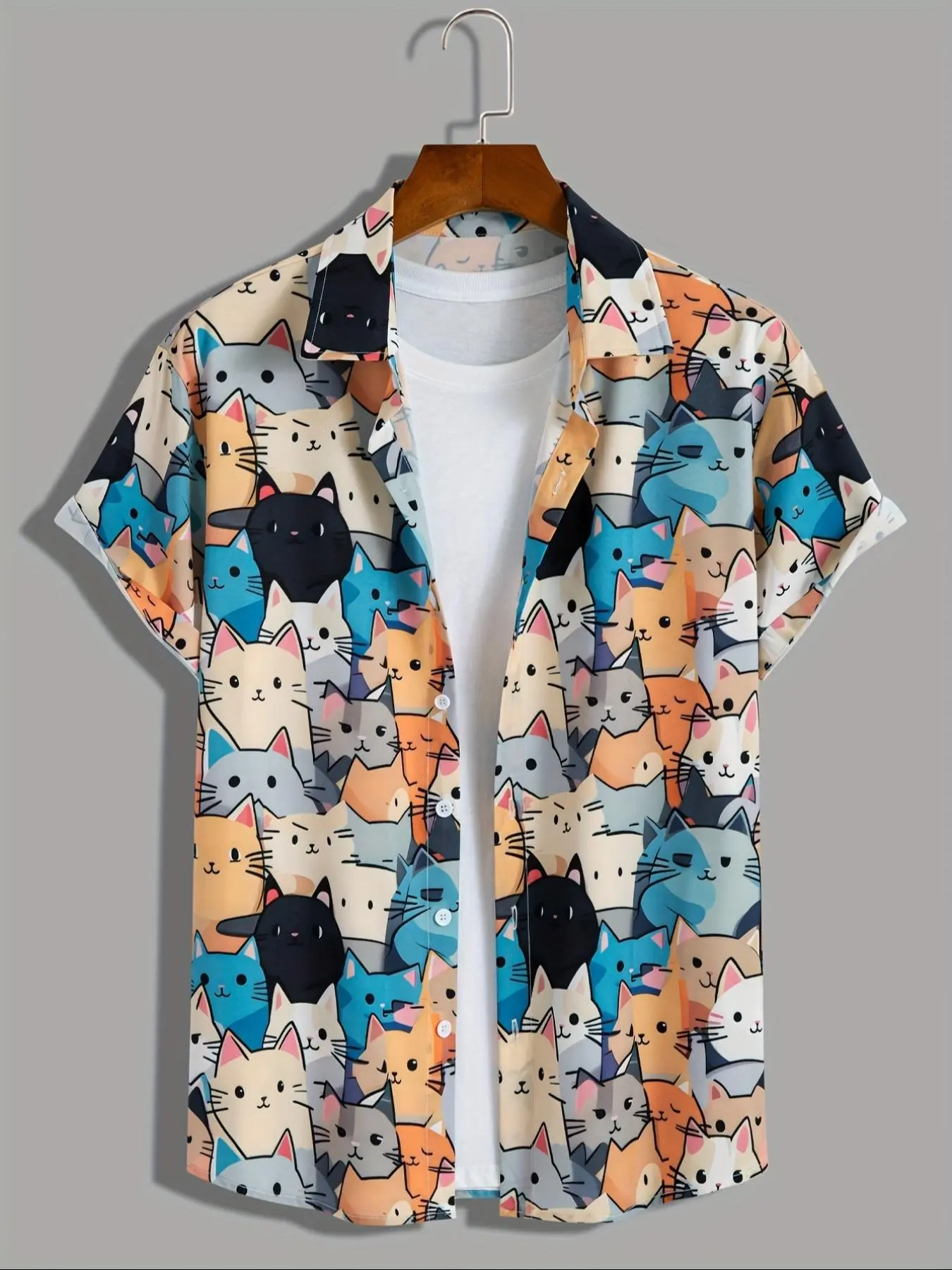 Summer clearance sale shirts: unisex, cute cat print, soft and skin-friendly fabric, suitable for daily commutes and summer outings, collared button shirt.