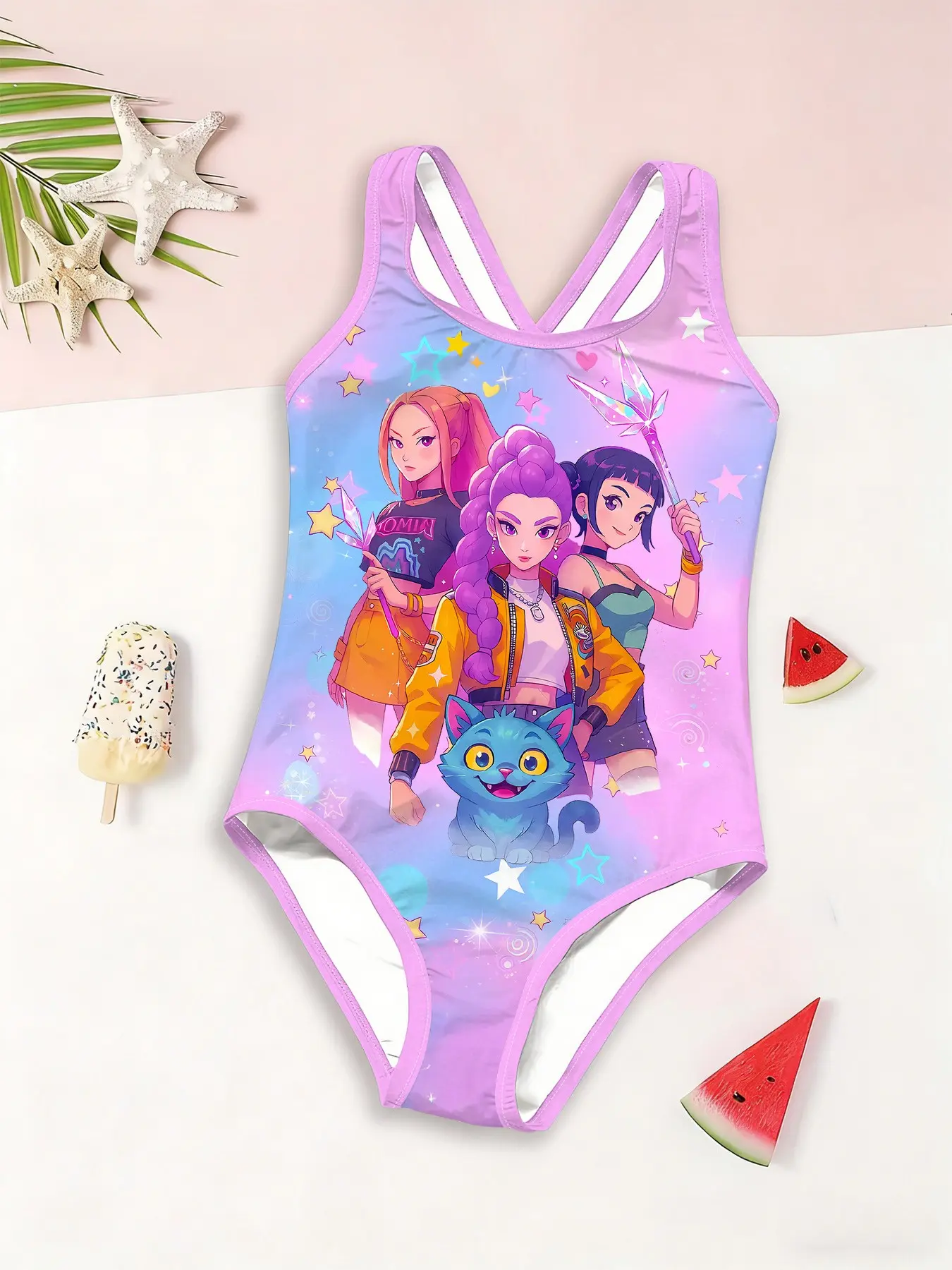 Girls' One-Piece Swimsuit, Dreamy Nebula Starlight Cartoon Print, Cross Back Straps, Beach Vacation Swimwear