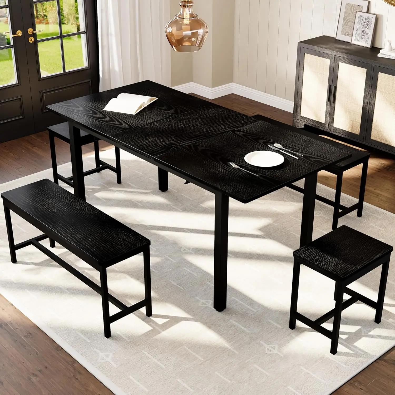 Extendable Dining Set 4-8, 63", 2 Benches, 2 Stools, Space Saving, Brown