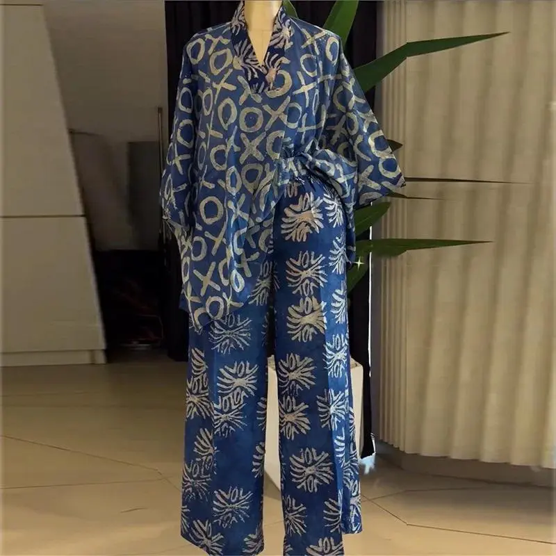 2 Piece African Clothes for Women Summer Fashion African Short Sleeve V-neck Top Long Pant Matching Sets Dashiki Africa Clothing
