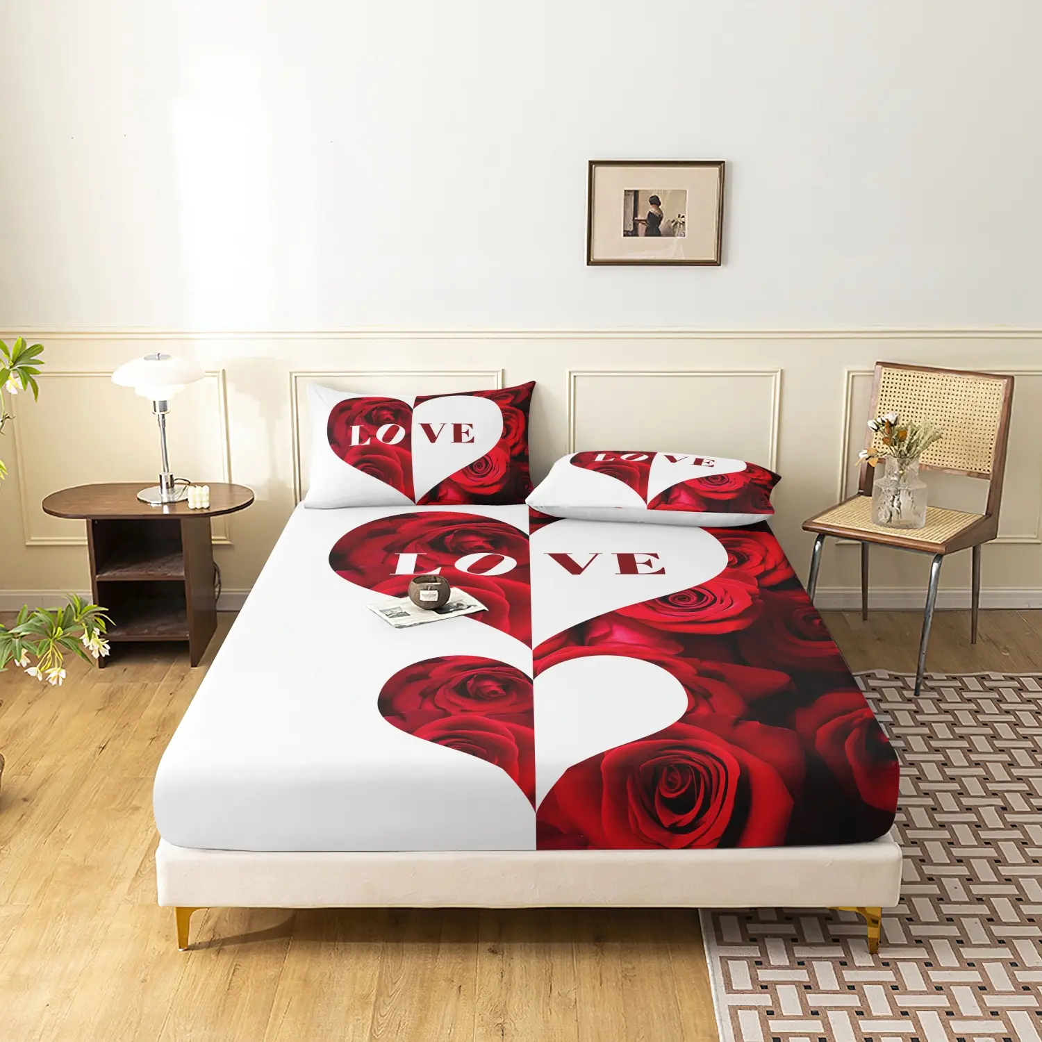 Red Rose Heart Print Fitted Sheet Set, 3Pcs Big Heart Shape Red Rose LOVE Romantic Pattern Bedding, For Couples Lovers Bedroom Decor, Machine Washable Soft Breathable Bedding Linen (1 Fitted Sheet + 2 Pillowcases, No Pillow), Soft Bedding Sets