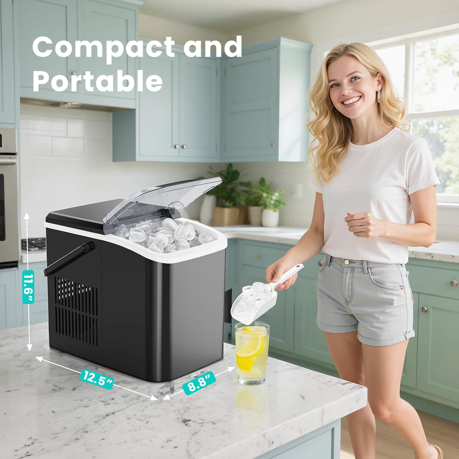 Ice Maker Machine with Handle,26lbs in 24Hrs,9 Ice Cubes in 6 Mins,Auto-Cleaning Portable Ice Maker with Basket and Scoop, Countertop Ice Maker for Home/Kitchen/Camping/RV for Gifts, Sleek Black