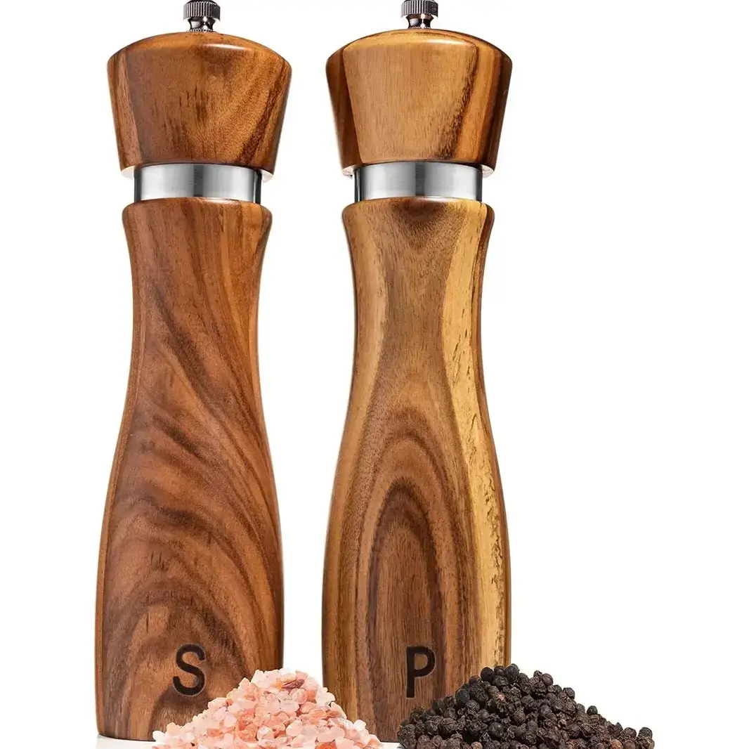 Acacia Wood Salt and Pepper Grinder Set, 8 Inch Manual Spice Mill with Adjustable Ceramic Grinder, Refillable Wooden Pepper Mill & Salt Grinder, 2 Pack Kitchen Accessories