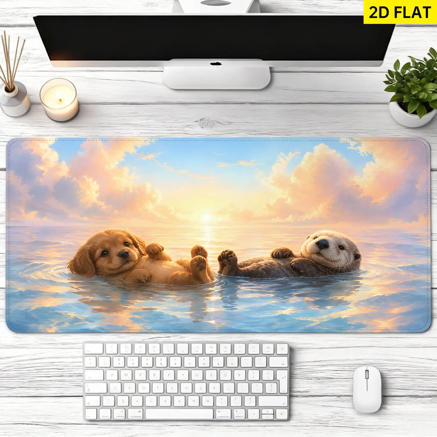 Large Gaming Mouse Pad with Cute Sea Otter Sunset Ocean Art, Non-Slip Rubber Base, Locked Edge, Multi-Size, Washable, Precision Movement, Desktop Protector for Home-Office Gamers, Gift for Family and Friends, Ocean Themed Stuff