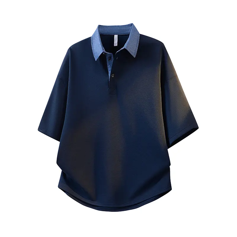 Men's Oversized Streetwear Polo Shirt, Plain Shortsleeve Polyester Blend with a Contrast Denim Collar and Half Button Placket, Matching, Classic, Jeans, Menswear, Hem, Stylish, Top, Casual, Knit, Minimalist, Outfits, Soft