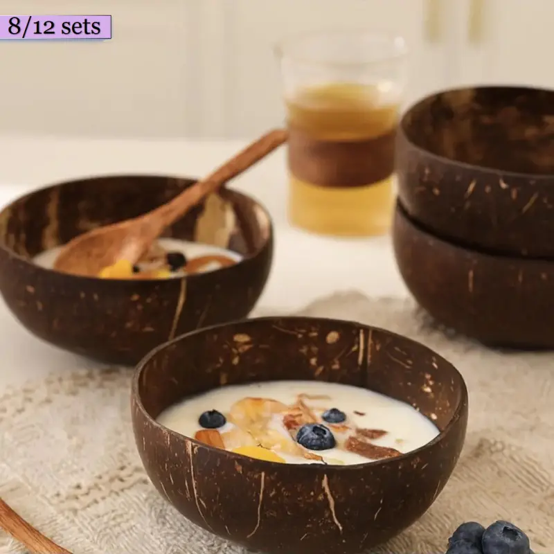 Handmade Coconut Shell Bowls Set for Smoothies Breakfast Fruit Oatmeal Snacks Eco-Friendly Reusable Kitchenware with Wooden Spoons summerwins,summerwins