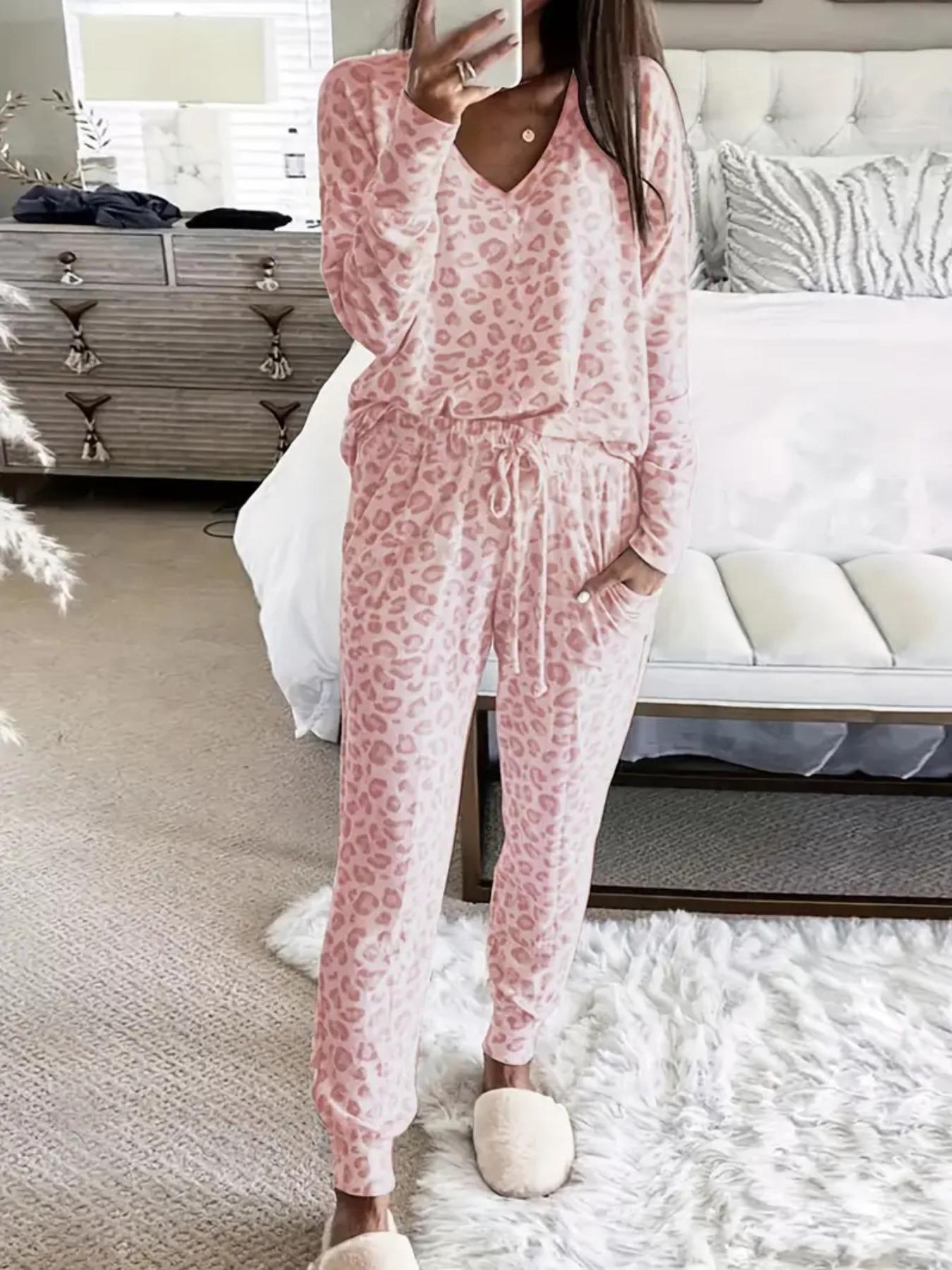 Two-piece Women's Leopard Print Drop Shoulder Top & Drawstring Pants Pajama Set, Casual Comfortable Long Sleeve V-Neck Top & Pocket Trousers Set, Women's Loungewear for Spring & Fall