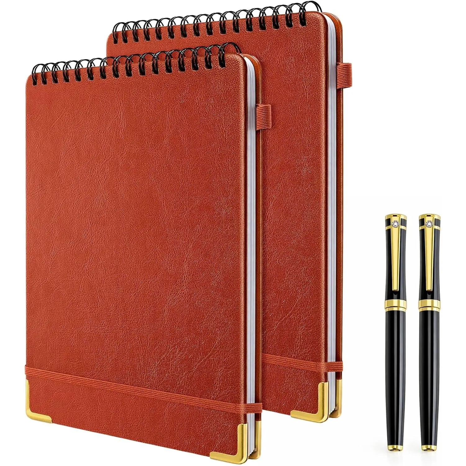 2 Pack A4 Top Spiral Notebooks with 2 Pens, Large Leather Hardcover Top Bound Steno Pads, 11 x 8.5 Inch 160 Pages 80 GSM Thick Paper Left Handed for Work Office School Meeting(Brown)
