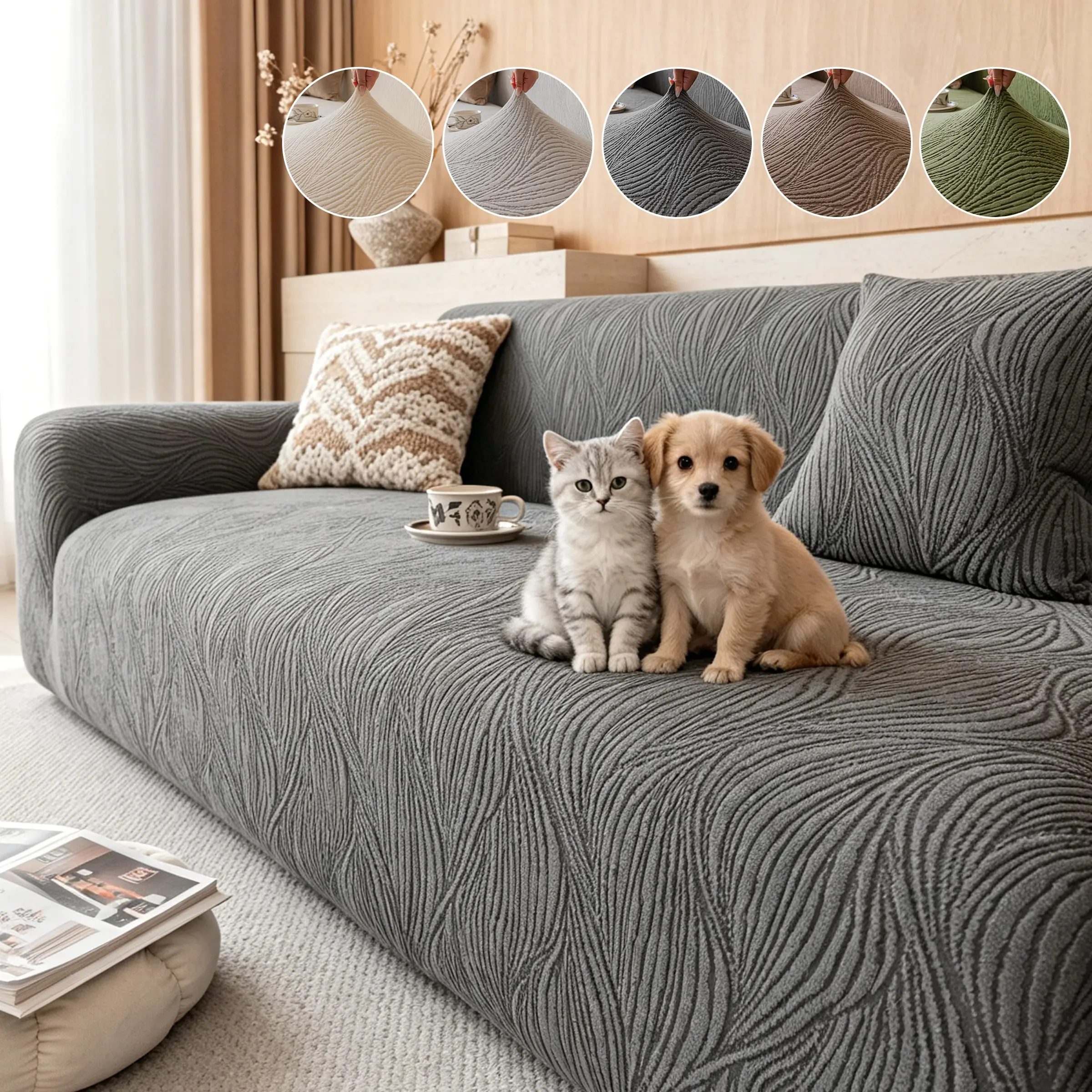 1pc Solid Wave Pattern Jacquard Elastic Sofa Cover for All Seasons with Removable Full-Cover Dustproof Pet Scratch Resistant Modern Casual Classic Minimalist Style for Living Room Bedroom Window Seat Sofa Slipcover