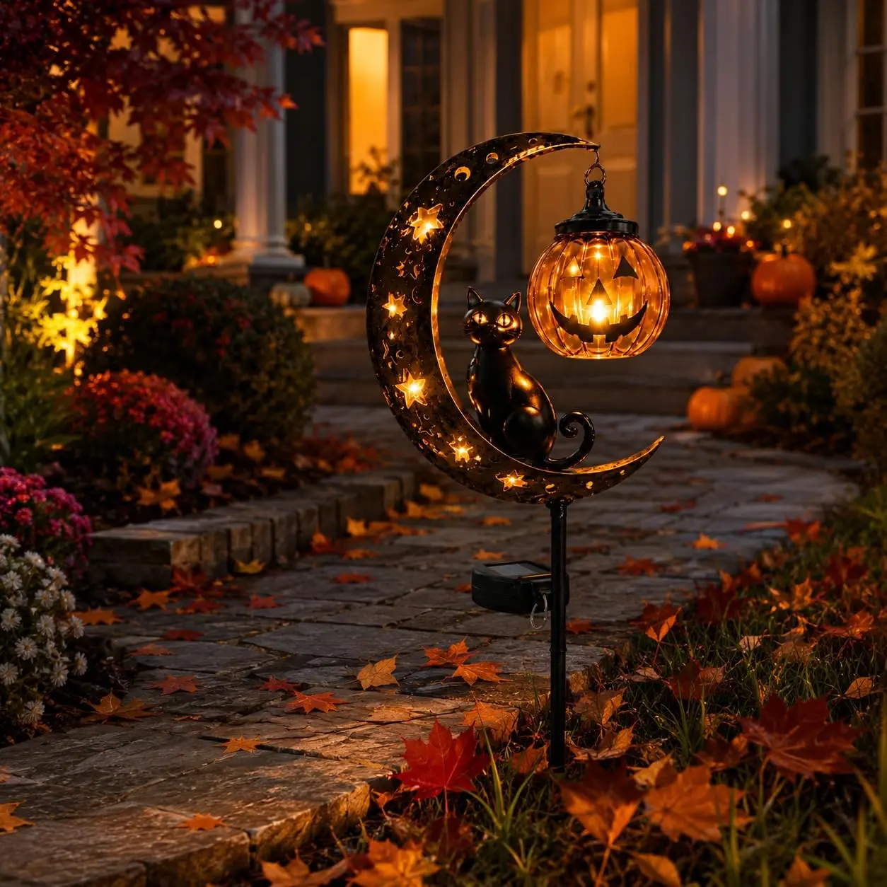 Solar Halloween Black Cat & Pumpkin Moon Garden Stake Light, Outdoor Waterproof LED Yard Decoration with Crescent Moon, Hanging Jack-o'-Lantern Lantern for Garden, Patio, Walkway
