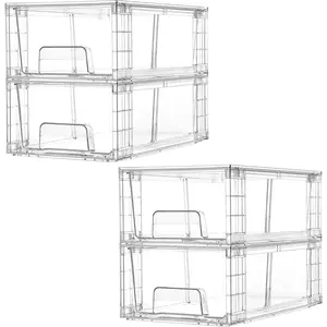 4 Pack Stackable Storage Drawers,Clear Acrylic Drawer Organizers with Handles, Easily Assemble for Fridge, Bathroom,Kitchen Undersink,Cabinet,Pantry Organization and Storage
