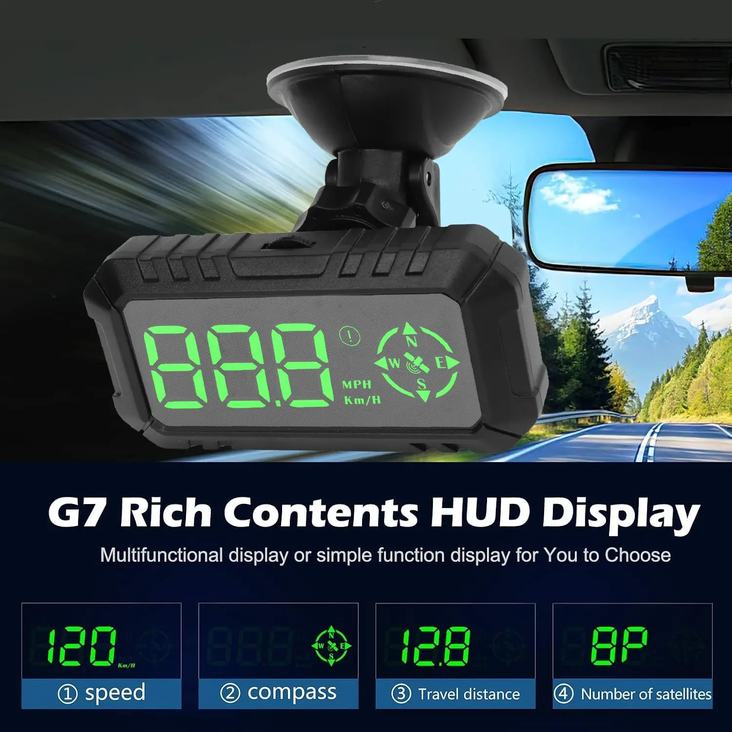 G7 GPS Head-Up Display, Dual Display Km/mi, Digital Speedometer, Over-Speed Alert, Fatigue Warning, Compass, 3-Inch LCD, USB Plug-And-Play