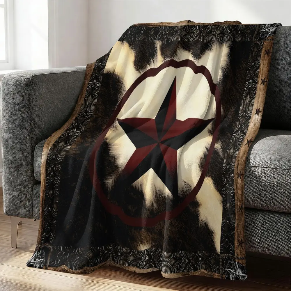 Western Style Cowhide Star Flannel Blanket, Cozy Warm Blanket for Couch Bed, Rustic Throw Blanket for Farmhouse Decor, Soft Plush Gift Blanket for Men Women, Lightweight Bedding Travel Blanket
