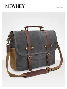 Men's Messenger Bag 15.6 Inch, Waterproof Vintage Genuine Leather, Waxed Canvas Briefcase, Large Leather Laptop Bag, Rugged Satchel Shoulder Bag