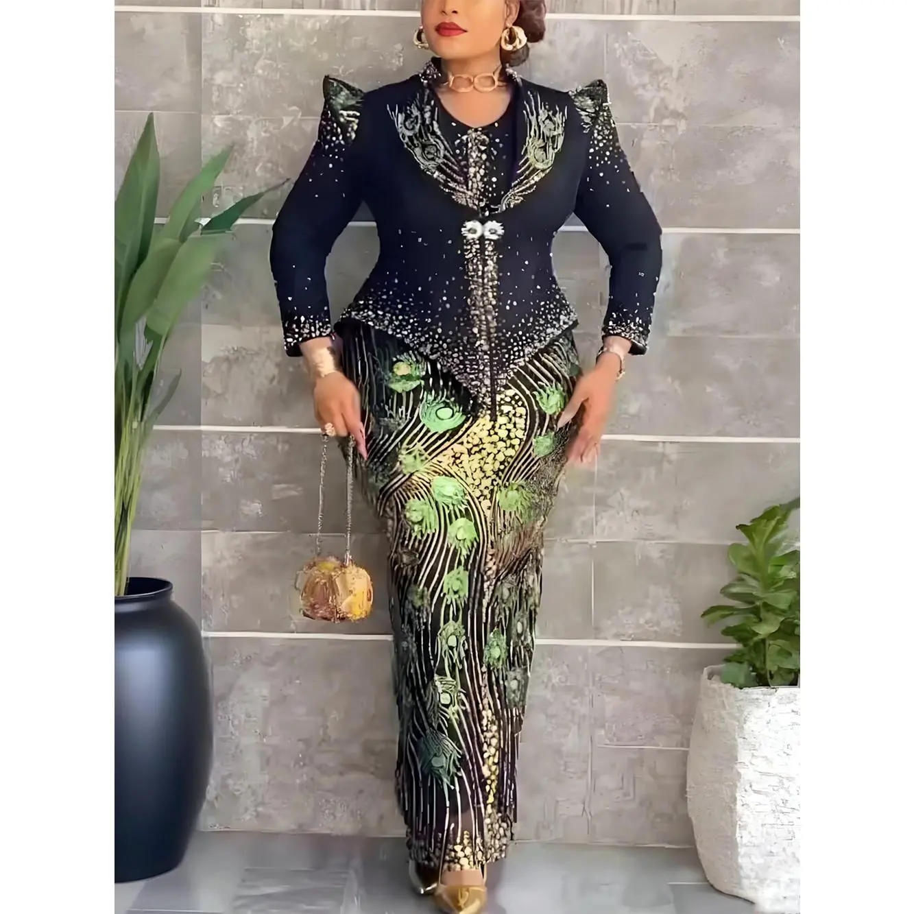 2 PCS Sets African Clothes for Women Dashiki Sequin Evening Gown Plus Size Turkey Wedding Party Long Dresses with Coat 2026 New