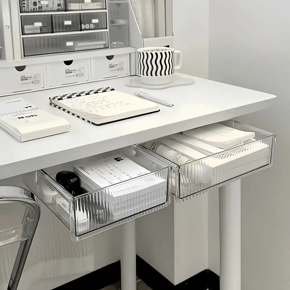 Wall-mounted Transparent Plastic Drawer Storage Box - No-drill Under-table Home Supplies, Adhesive Wall Storage Drawer Units, Space-saving Desktop Extension Shelf for Office & Dormitory Organization