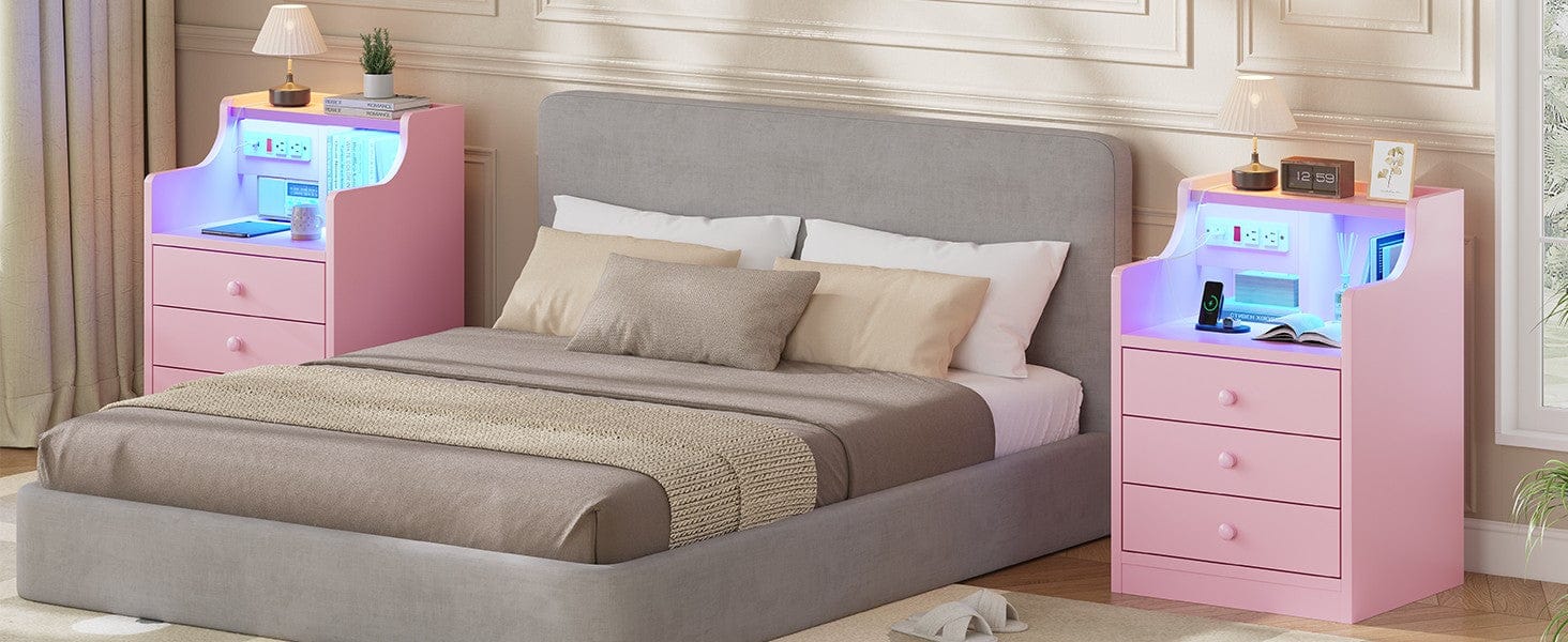LED Nightstand with 3 Storage Drawers Pink