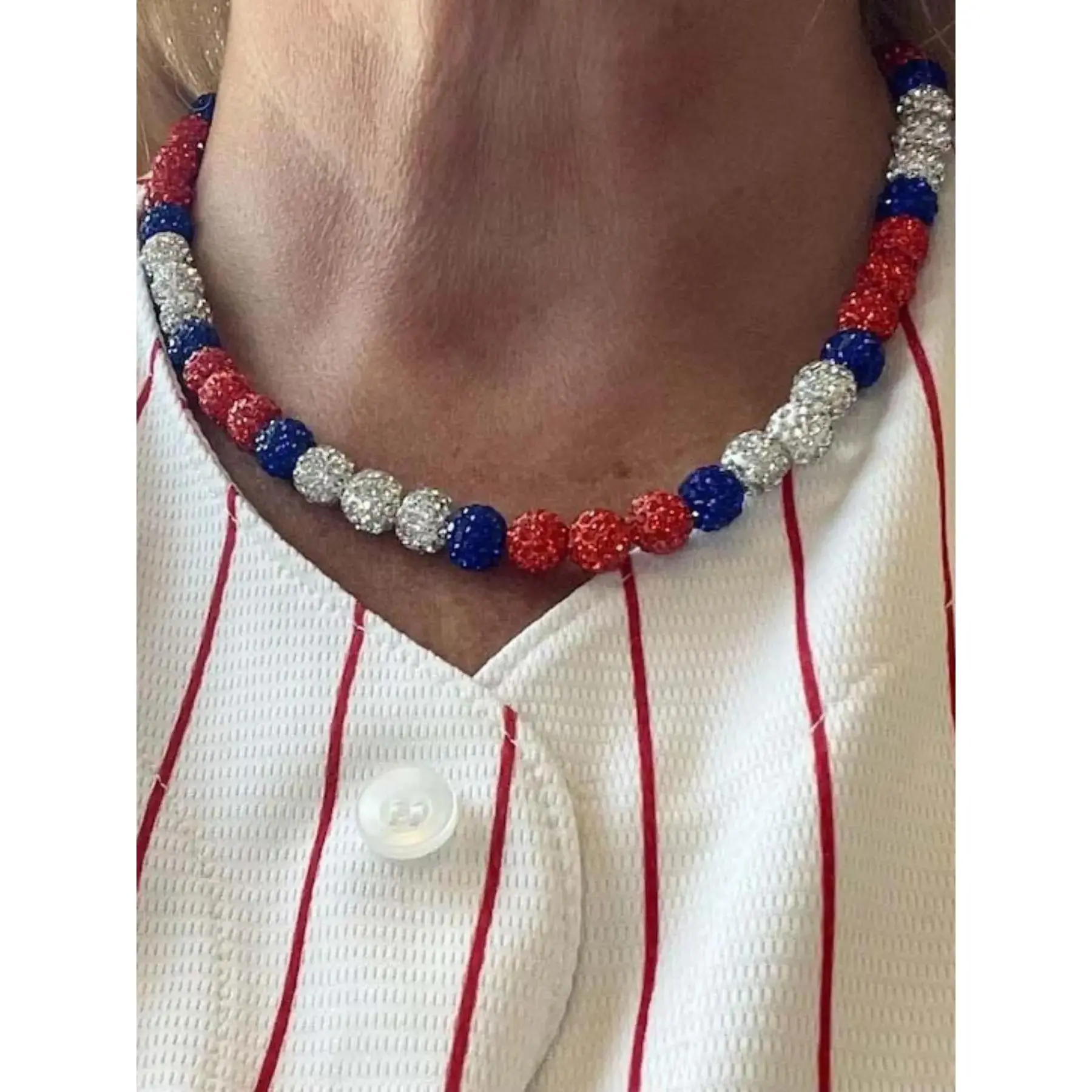 Baseball Necklace with Sparkling Rhinestones, Multicolor Clay Bead Stretch Necklace for Boys and Girls, Cool Hip Hop Gift Idea