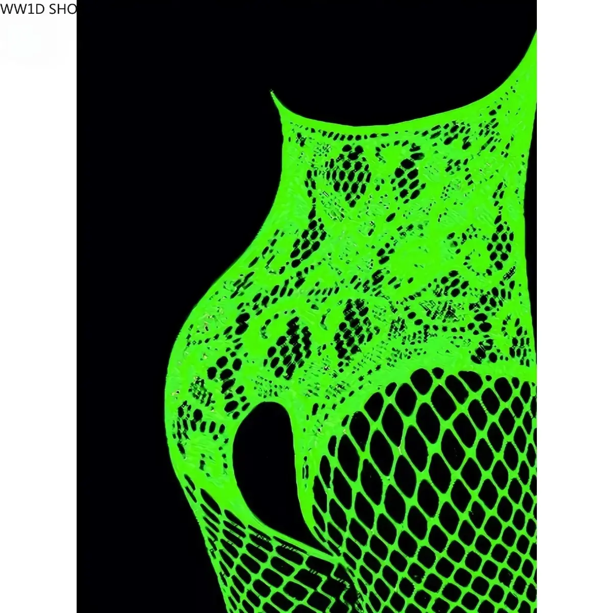 Women’s Glow-in-the-Dark Fishnet Bodystocking, Sheer Mesh Halter 1-Piece with Stretch Hollow-Out Design for Festivals, Clubwear, Lingerie Costume Styling Fashion Accessory