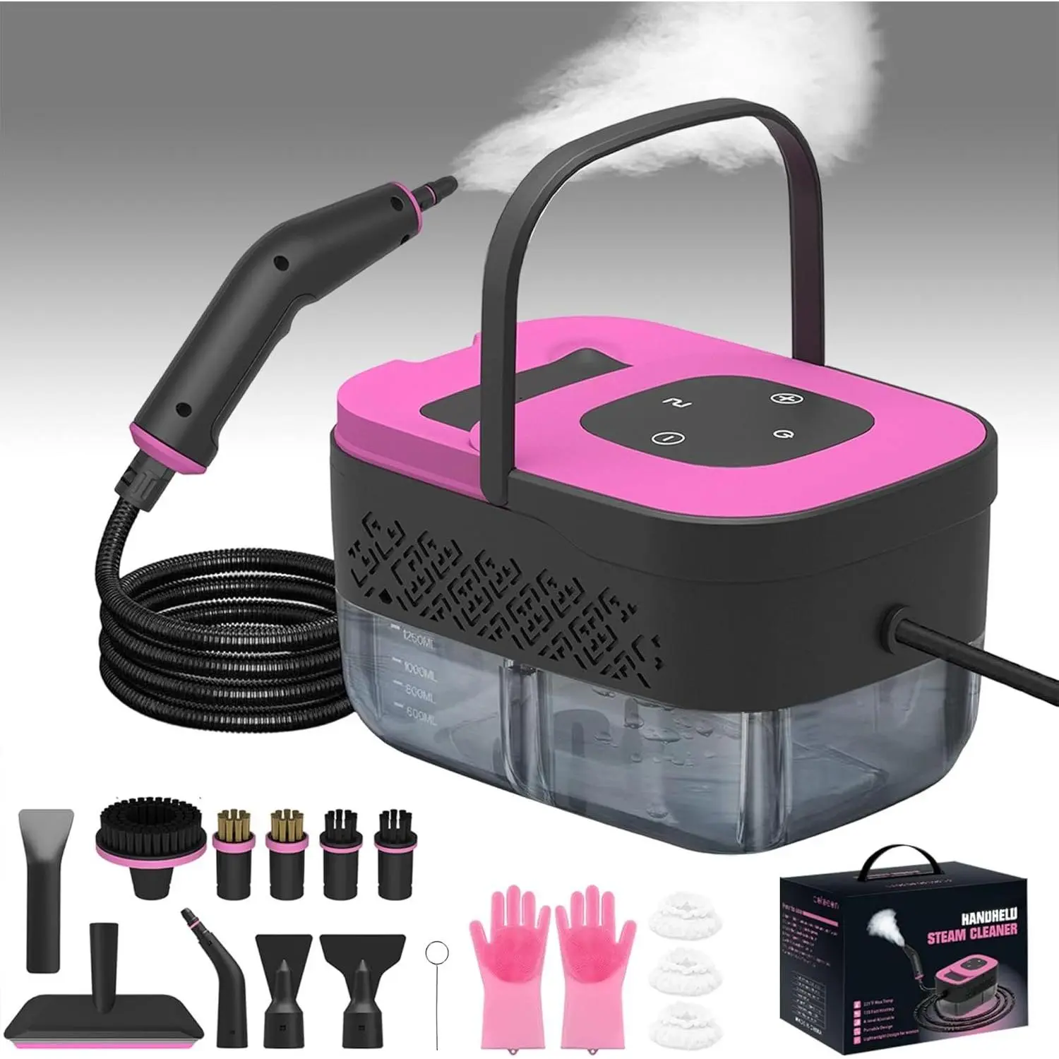 Portable Handheld Steam Cleaner - 2500W Power, 4-Bar High Pressure, 4.4 lbs, 6-Level Adjustable Settings, 15s Heat-Up, 45~60 Mins Runtime, 16 Accessories (Cord, Brush, Hose, Nozzle), Compact Lightweight for Women, Ideal for Toilets, Kitchens
