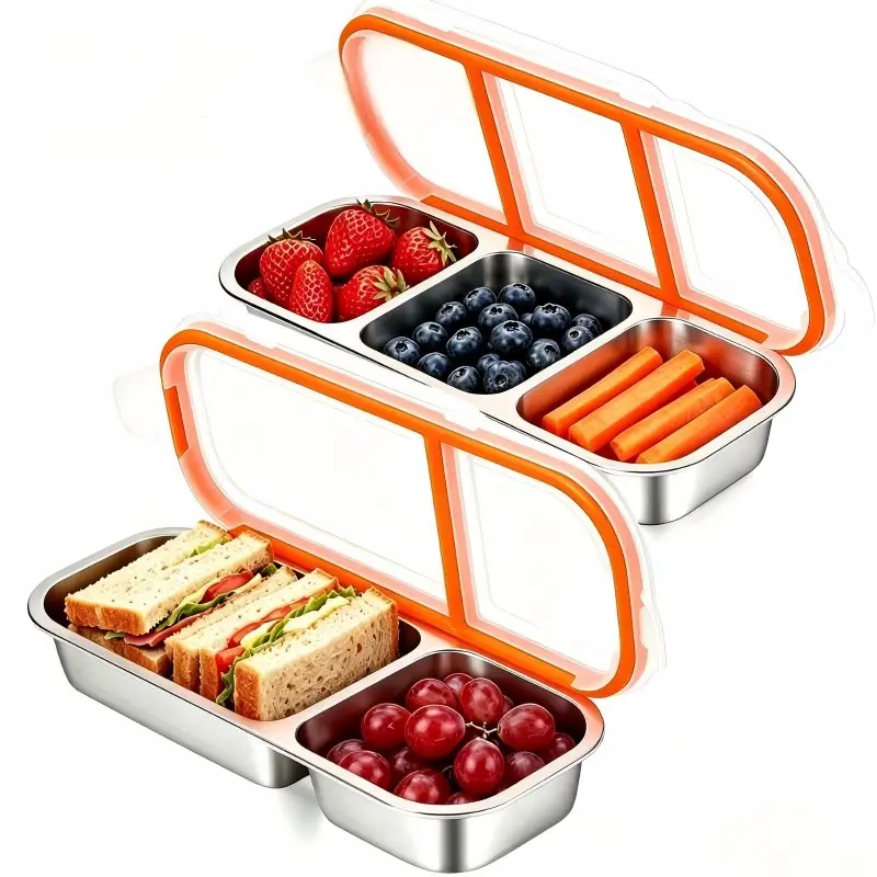 2/3 Compartment Stainless Steel Snack Box, Reusable Food Storage Container, Dishwasher Safe, Ideal for Office, Camping, Travel