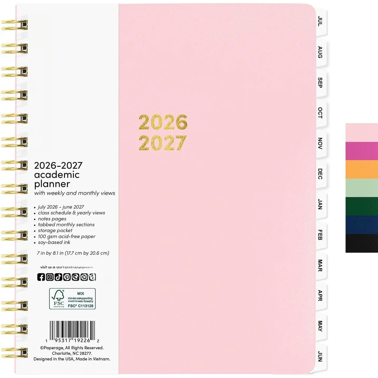 Academic Planner - 12-Month School & Student Agenda (7"x8" Medium Size, July 2026-June 2027), Weekly & Monthly Calendar with Tabs, Bonus Pages, Printed Ink & Inner Pocket, Planning