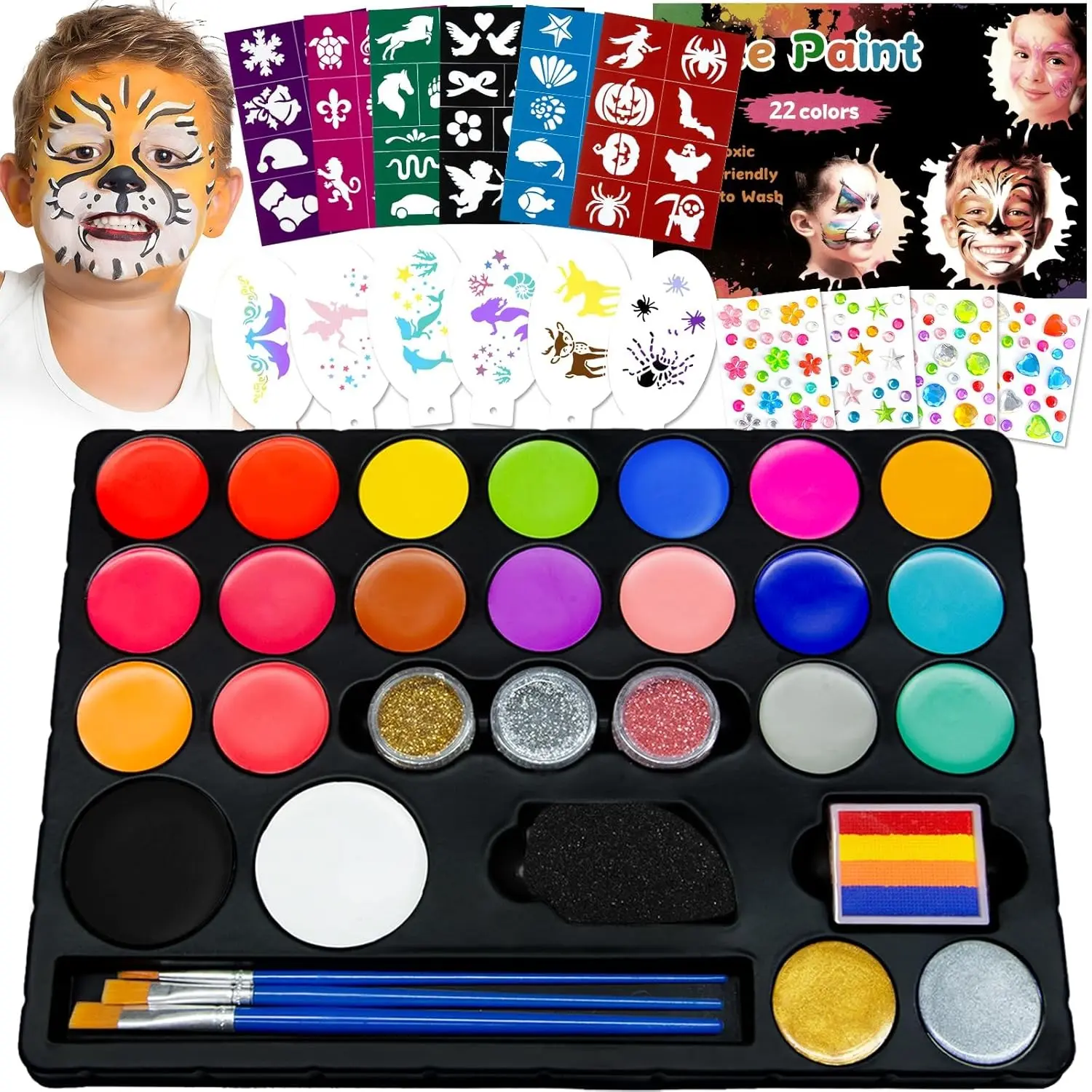Professional Non-Toxic Face & Body Makeup Kit - 22-Color Rainbow Palette with Brushes, Stencils, Glitter & Gems for Birthday Parties, Halloween