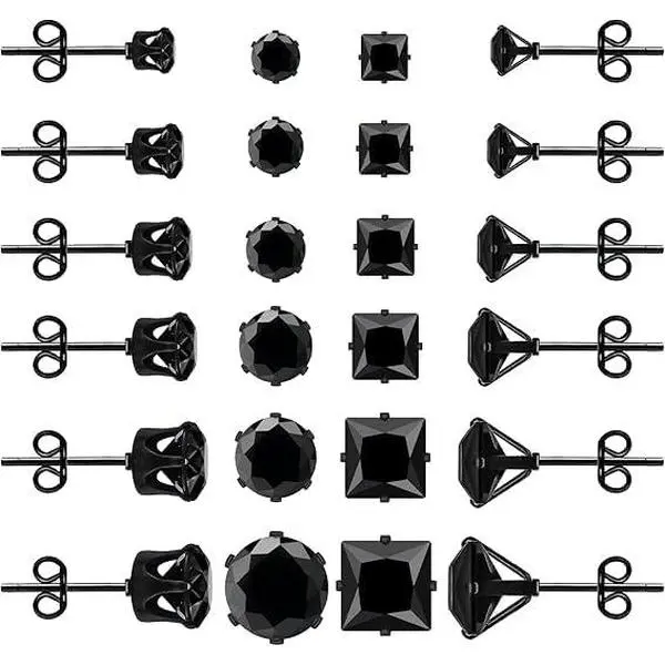 12 Pairs Black Stud Earrings for Men, Round and Square Mens Earrings Stud Stainless Steel Mens Black Earrings for Multiple Piercings 3-8mm