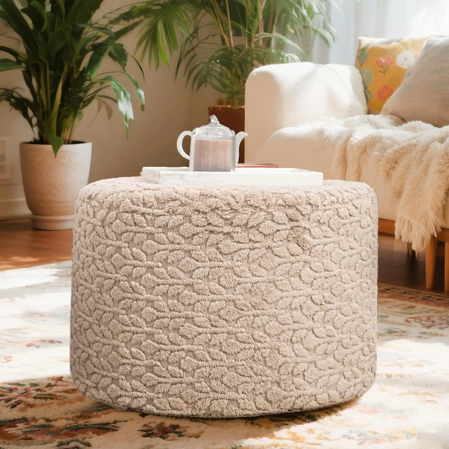 Round Pouf Ottoman 20 x 20 x 14 Inches Boho Poof Home Decor Floor Pouffe Ottoman Foot Rest for Couch Sofa Bean Bag Chairs Living Room Bedroom (Light Coffee)