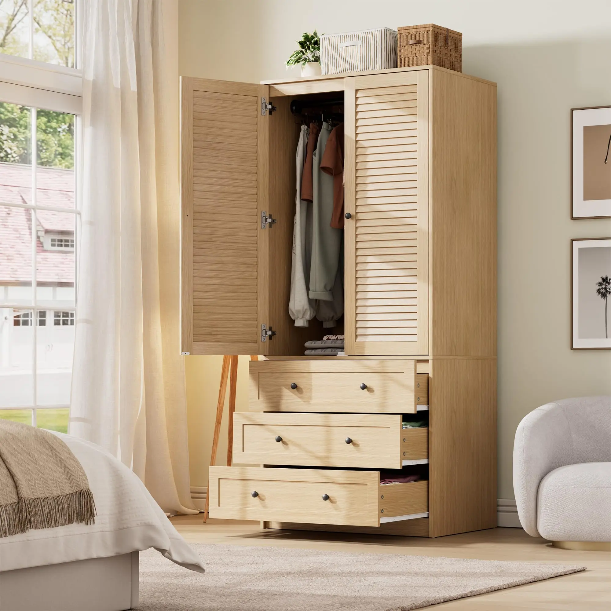 Garvee Armoire Wardrobe Closet with 3 Drawers and 2 Doors, Modern Wooden Wardrobe Cabinets for Hanging Clothes, Tall Standing Bedroom Armoires, Heavy Duty (Modern, Nature)