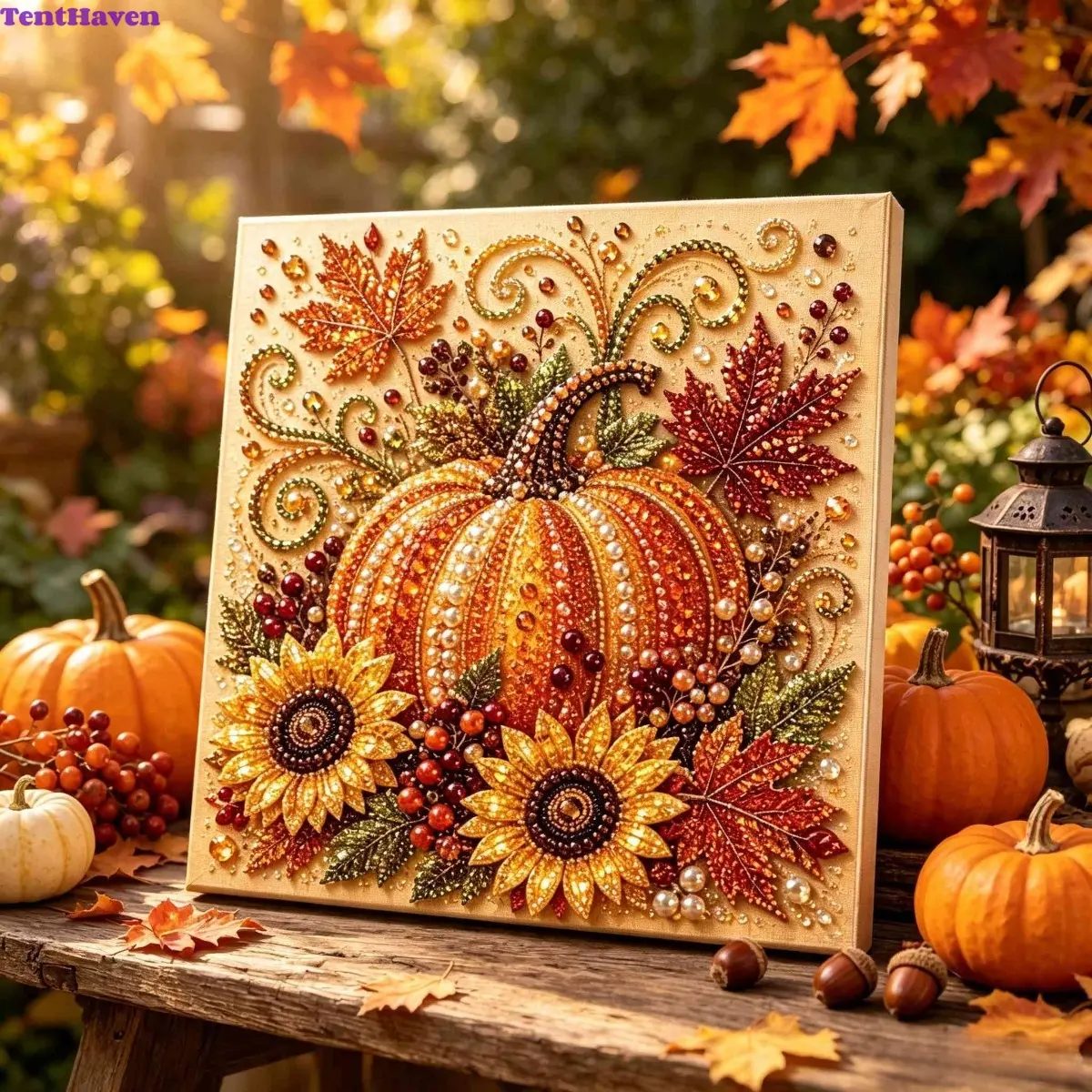 Harvest Pumpkin Diamond Art Painting, Fall Sunflower Maple Leaf Special Shape Rhinestone Canvas, DIY Crystal Bead Art Kit, Thanksgiving Halloween Home Wall Decor, Relaxing Screen-Free Craft Gift