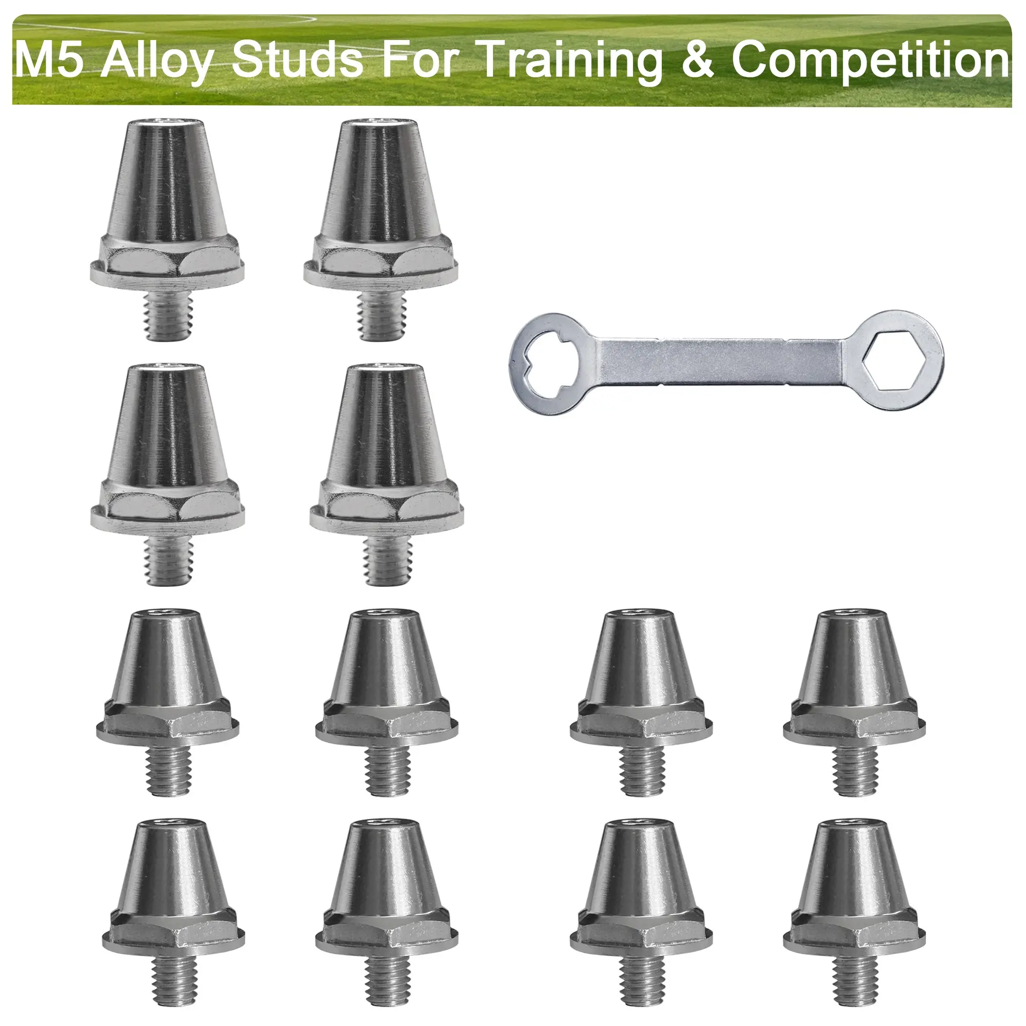 12pcs Aluminum Alloy Football Boot Studs, Non Slip Stable Replacement Spikes, 13mm&15mm Dual Size Wrench, Universal for Soccer Rugby Hiking Shoes