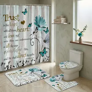 4pcs Christian Floral Butterfly Shower Curtain Set, Bible Verse Trust in the Lord Quote, Teal Daisy Bathroom Decor, Faith-Inspired Holy Week Easter Home Decor, TikTok Shop Bestseller Style