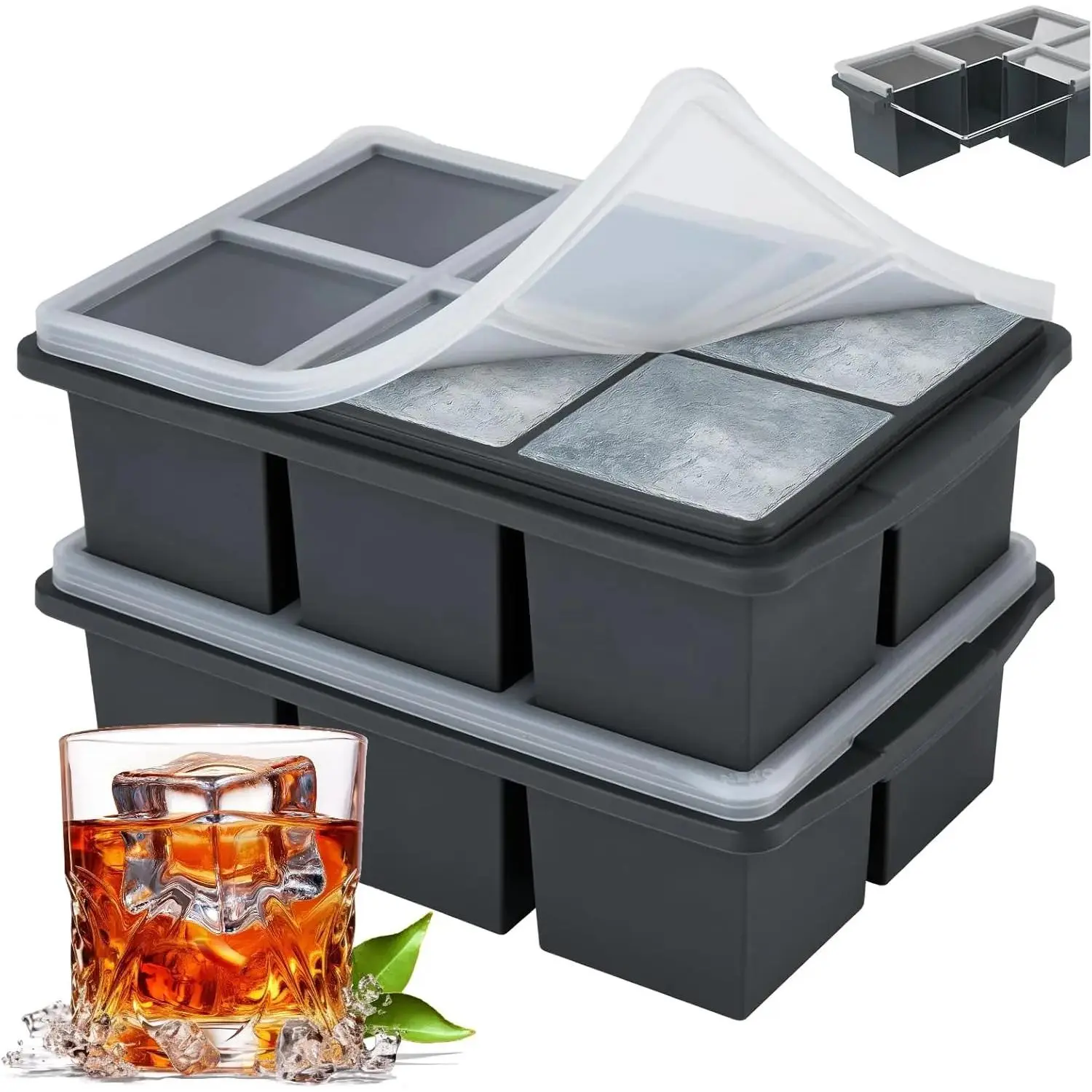 Large Ice Cube Trays for Whiskey, Silicone Ice Cube Tray, with Reinforced Steel Ring Top, Makes 12 2-in ice cubes, Square Ice Tray for Cocktails, Whiskey, Coffee.(2 Pack)