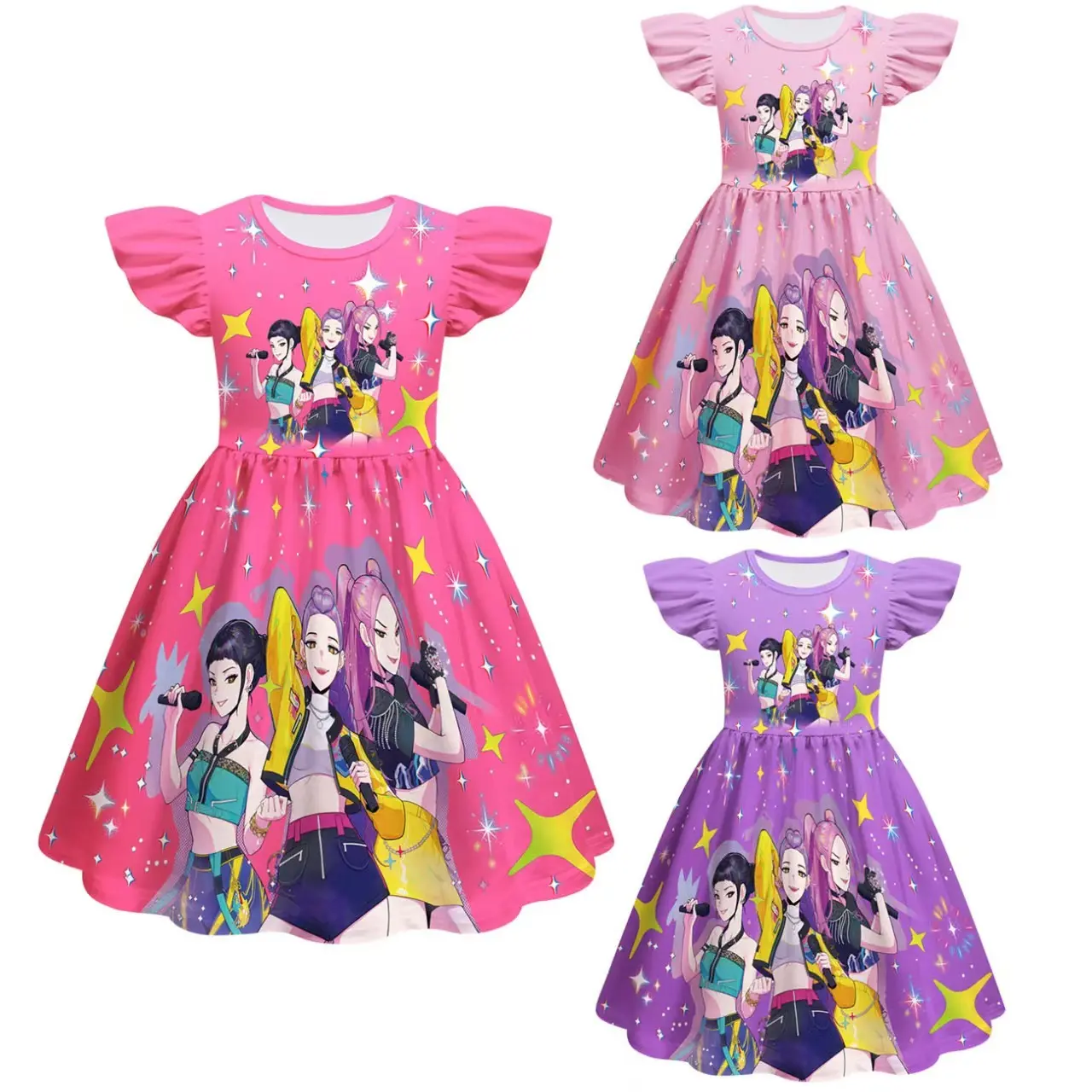 Girls' Cotton Short Sleeve Dress - Loose Fit, Character Print, Cute Design for Daily Wear, Playground