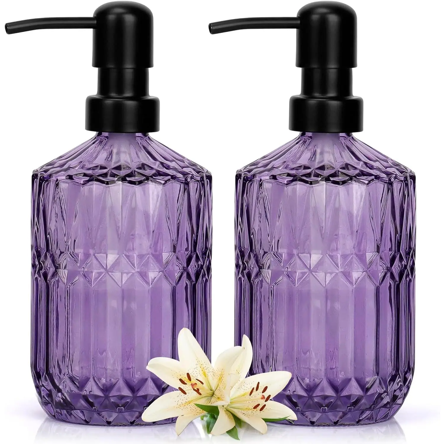 13.5oz Glass Soap Dispenser with Plastic Pump, Bathroom Soap Dispenser for Hand Wash & Dish Wash, Elegant Dispenser for Dishwashing Liquid, Lotion, Essential Oil (Purple)