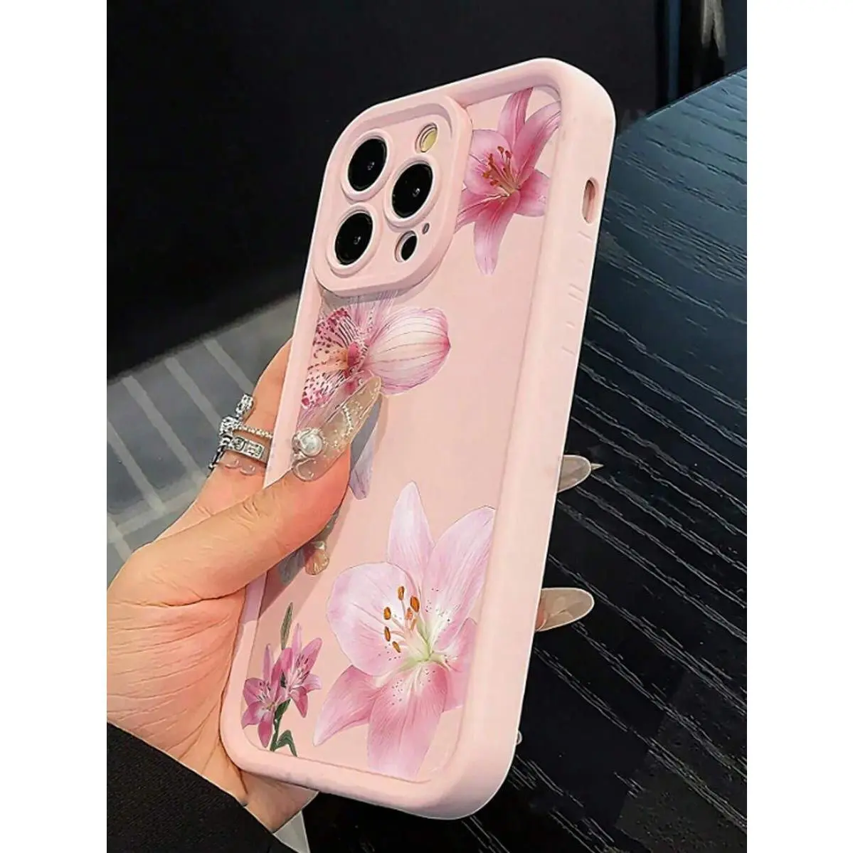 1pc Minimalist Pink Lily Flower Pattern Shockproof TPU Phone Case Compatible With Apple Series, Compatible With IPhone 16Pro Max/15plus/14/13/12/11/8P/XSMAX