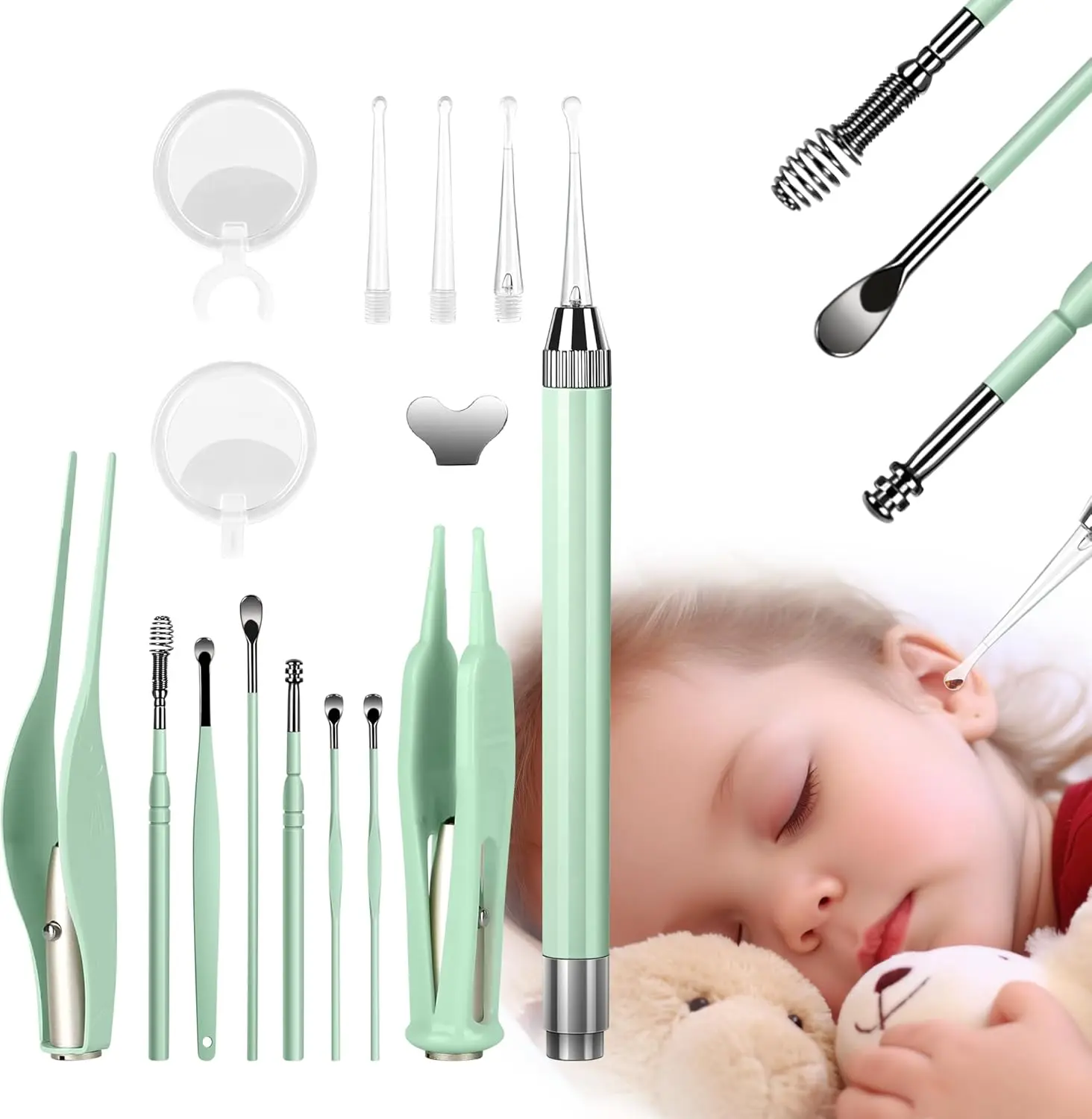 Ear Cleaning Kit with LED Light - 15 Pack Ear Wax Removal Kit for Kids and Adults, Earwax Spoon Digger & Tweezers for Ear Cleaning Tool Present Set