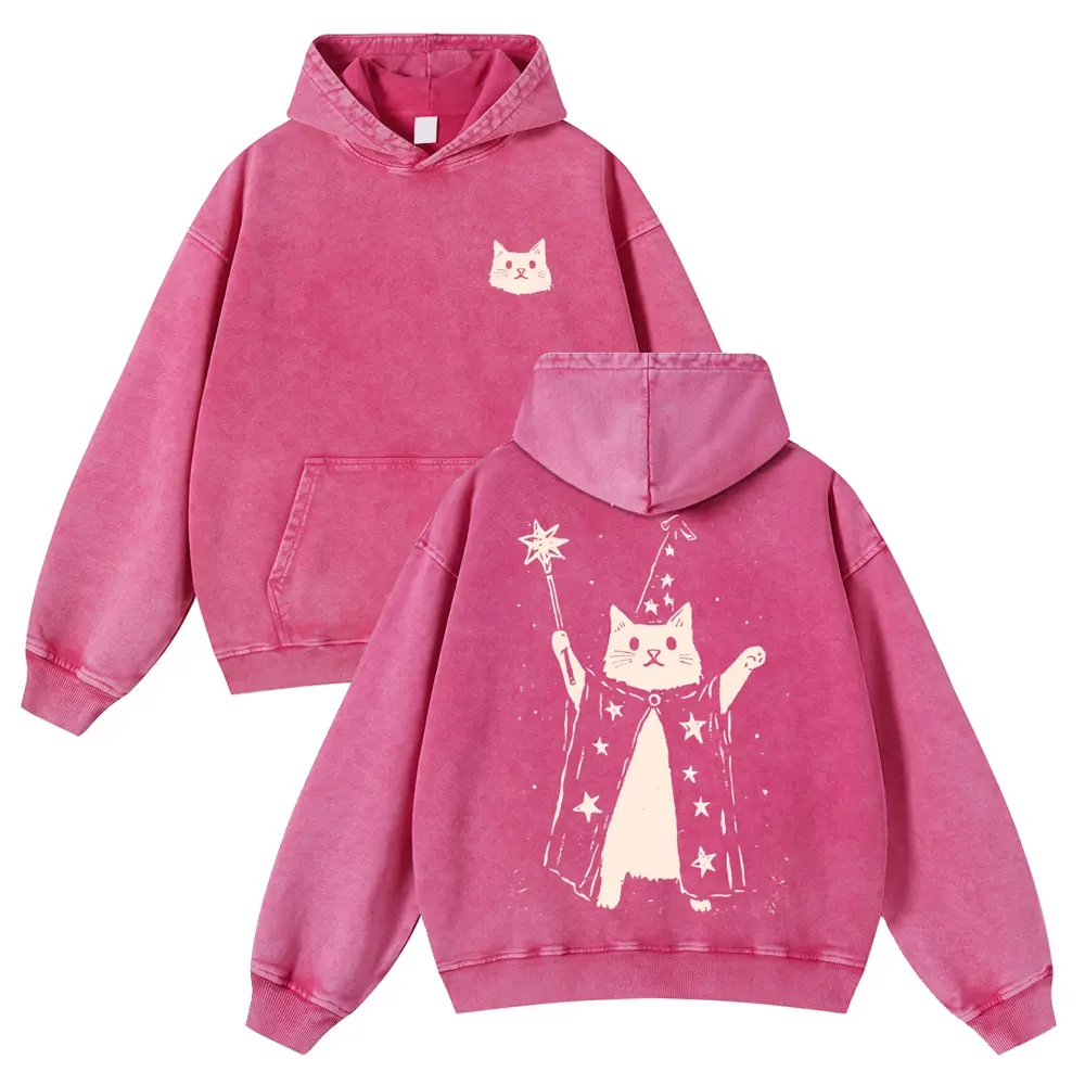 Oversize Vintage Washed Hoodie with Wizard Cat Graphic, Thick 380g Unisex Cotton Blend Pullover Sweatshirt, Jeans, Tops, Fit, Casual