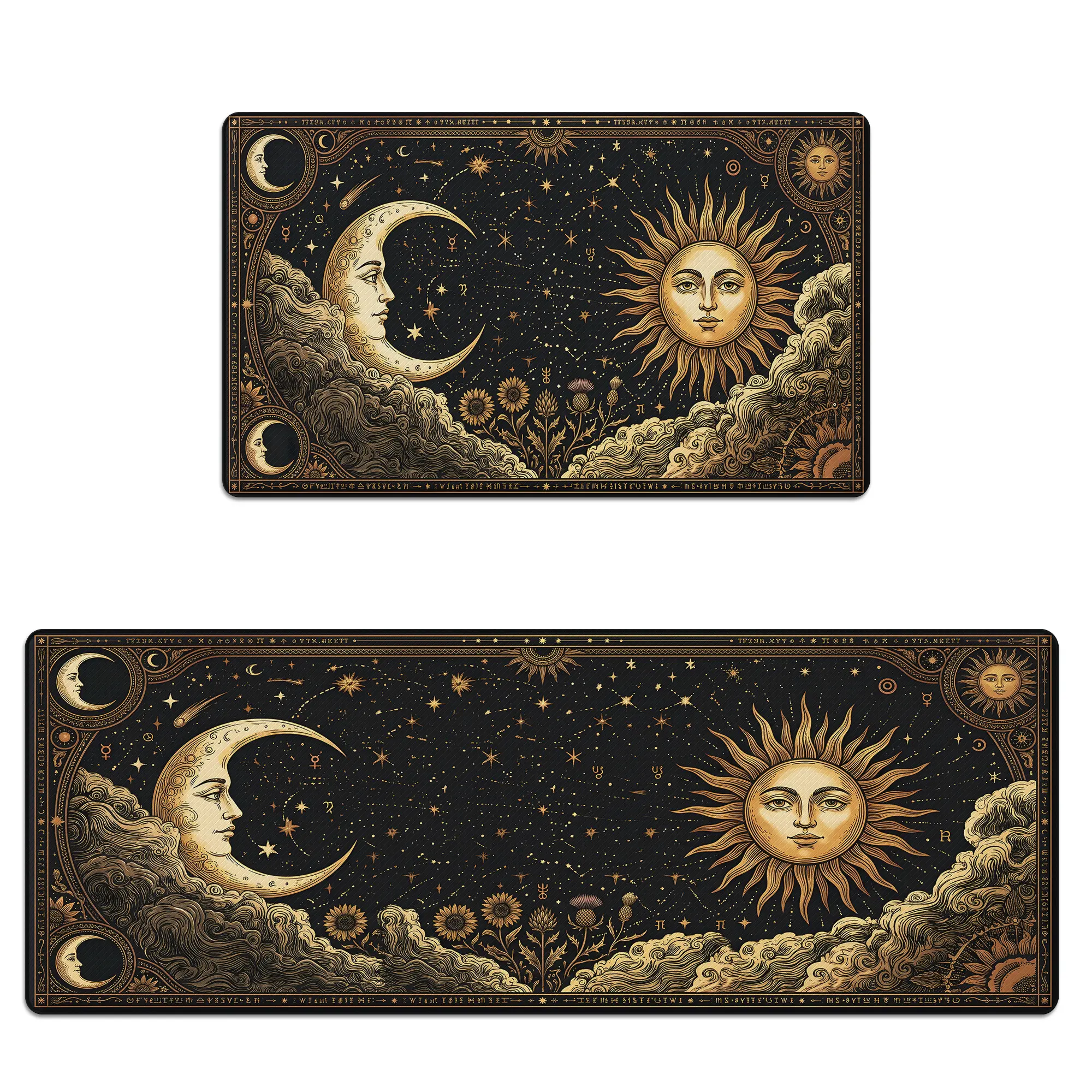 2-Piece Anti-Fatigue Memory Foam Kitchen Rug Set - Non-Slip, Scratch-Resistant, Waterproof, Bohemian Look with Celestial Print Sun Moon Motif for Kitchen Use