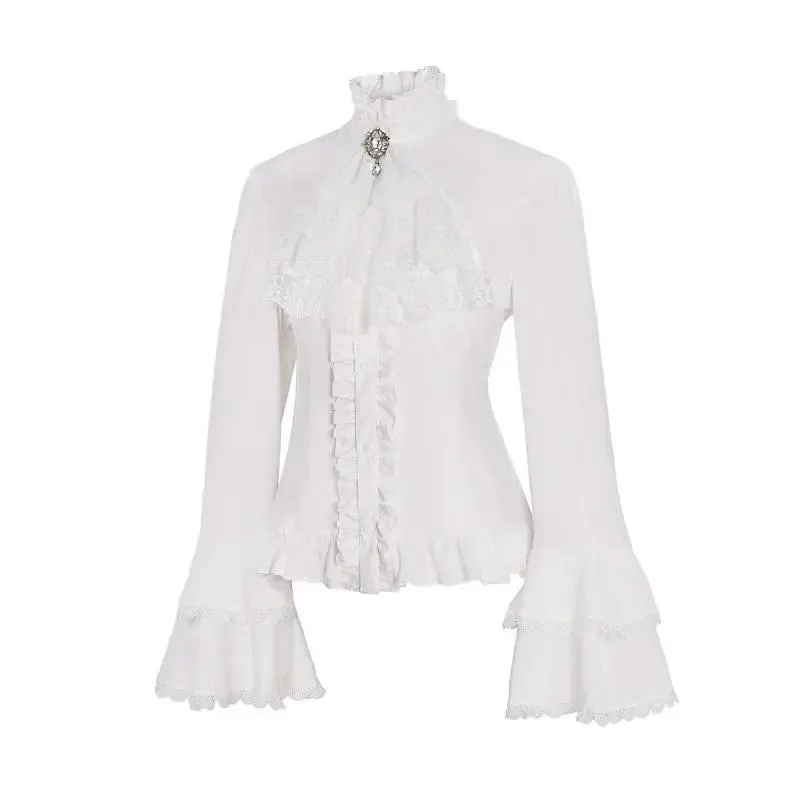 Lolita Lace Shirt Ruffle High Collar Button Up Shirt Long Sleeves Women Gothic Blouse Tops Jabot Tie Halloween Victorian Costume