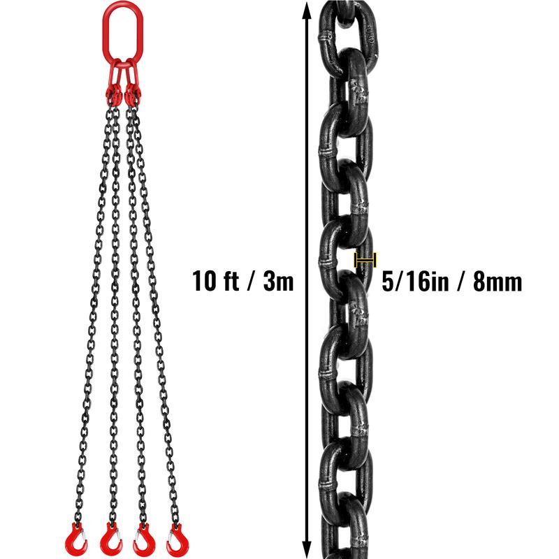 10 Feet Chain Hoist 5/ 16inch x 10 Feet Engine Lifting Chain G80 Alloy Steel Engine Chain Hoist 3 Tons, with 4-Legged Hook and Adjuster, for Mining, Machinery, Ports, Construction
