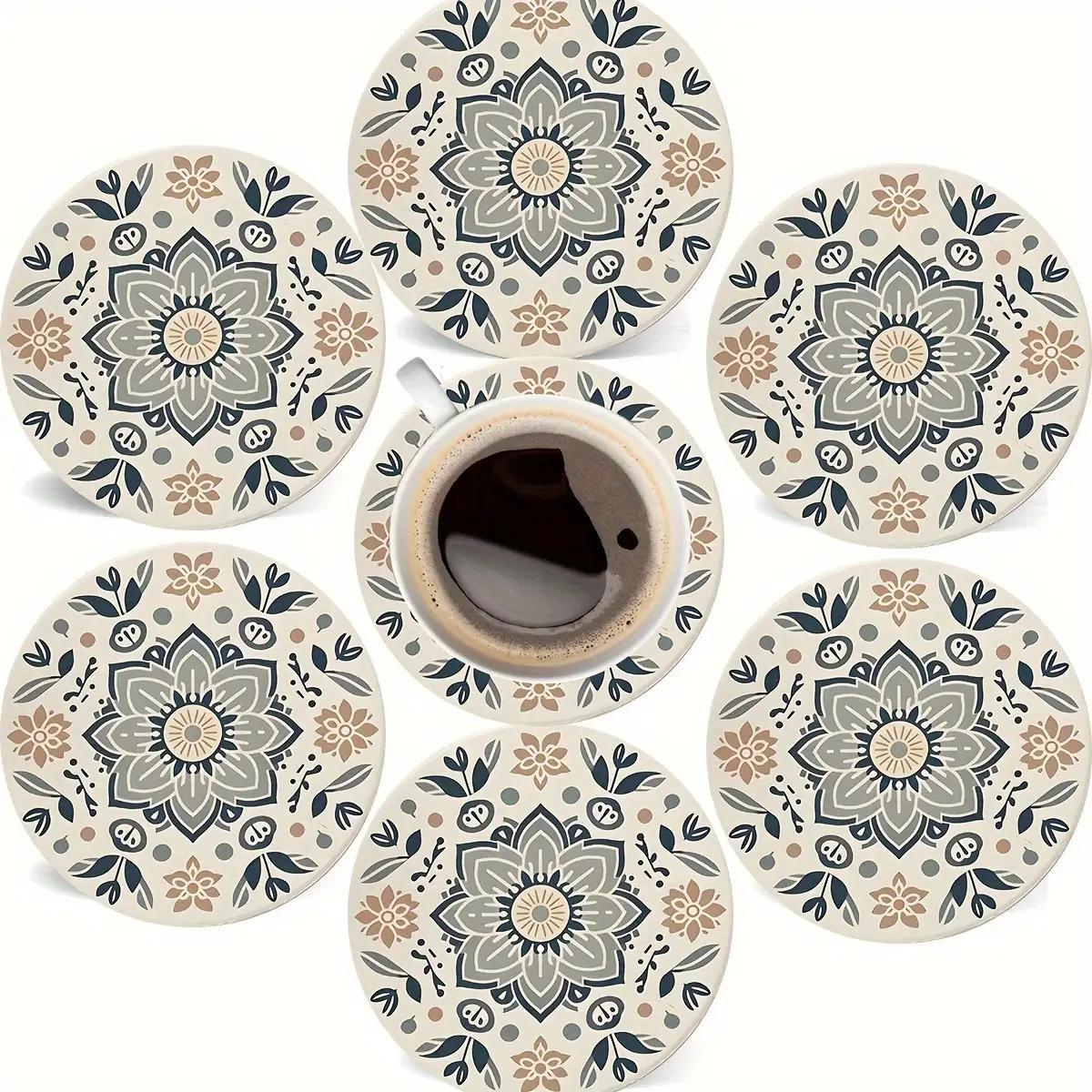 6pcs Bohemian Style Cork Coasters- Hand Washable Wooden Mandala Floral Design, Beige and Navy Blue Home Decoration, Party Gifts, Valentine's Day Mother's Day Gifts, Cute Coasters, Simple Tableware, Durable Fashiona