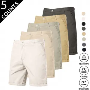 5pcs-2026 Summer Premium Men Pure Cotton Chino Shorts, Khaki Classic Business Casual Dress Shorts, Soft Breathable Skin-Friendly Cotton Fabric, Comfort Straight Fit Cuffed Hem, Button Zipper Closure & Deep Side Pockets, Wrinkle Resistant Lightweight