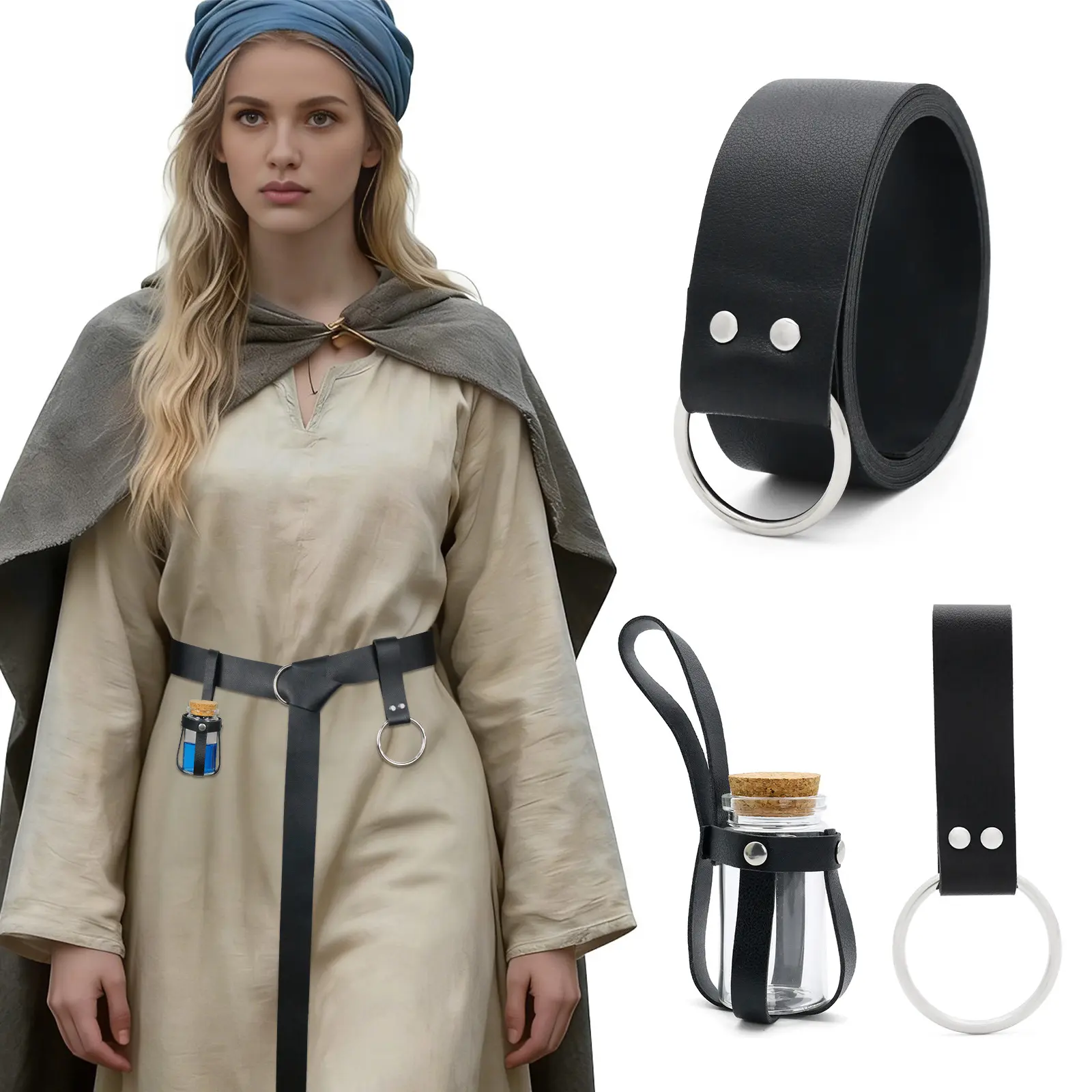 Effortless Black Medieval Viking Leather Ring Belt Set with Glass Potion Bottle Holder Metal Ring Hanger Strap Vintage Renaissance Faire Alchemist Sorceress Wizard LARP Cosplay Halloween Costume Accessories Men Women